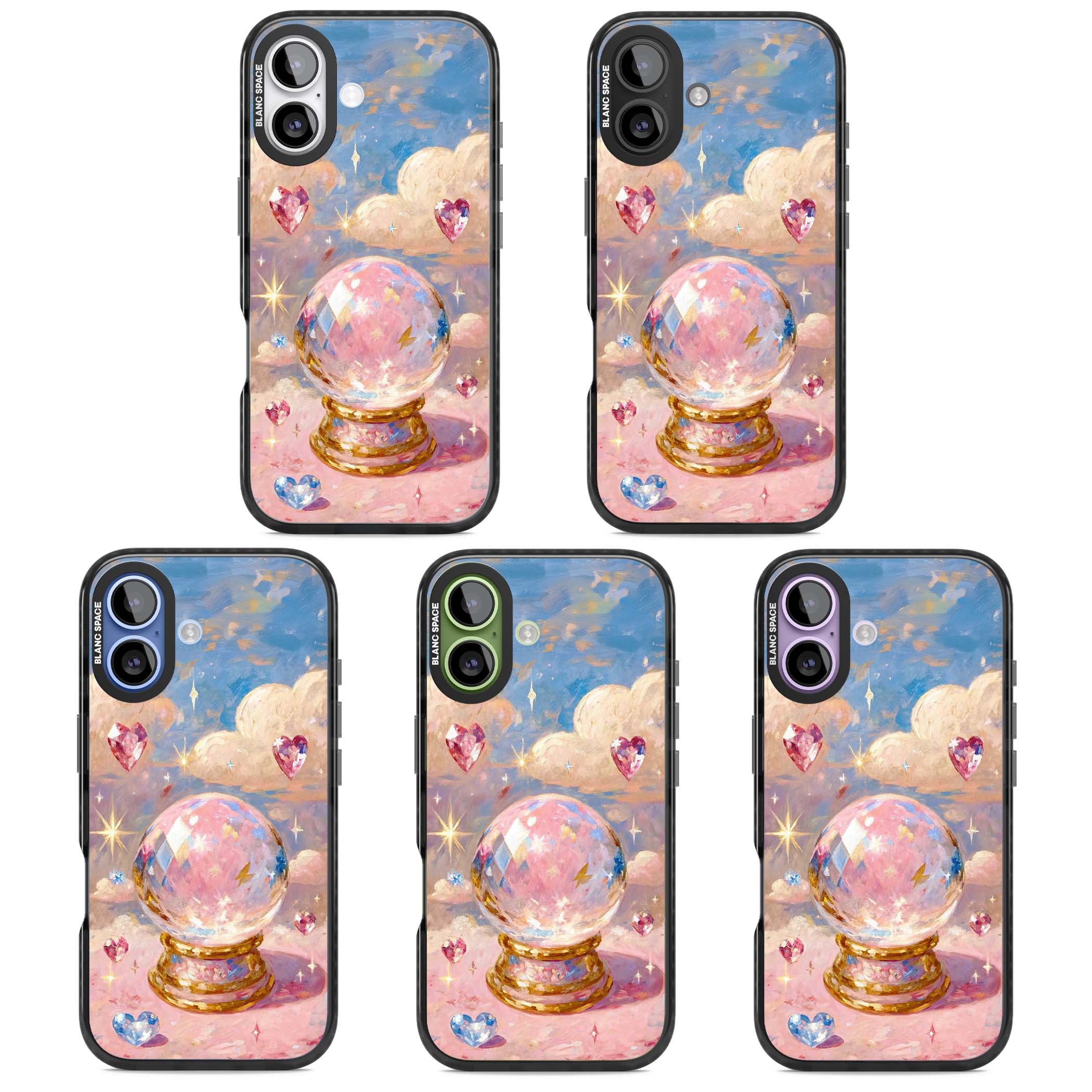 Crystal Ball fairycore iPhone case featuring a painted crystal ball, heart gemstones, and pastel clouds | Black Impact Magsafe case for iPhone 17