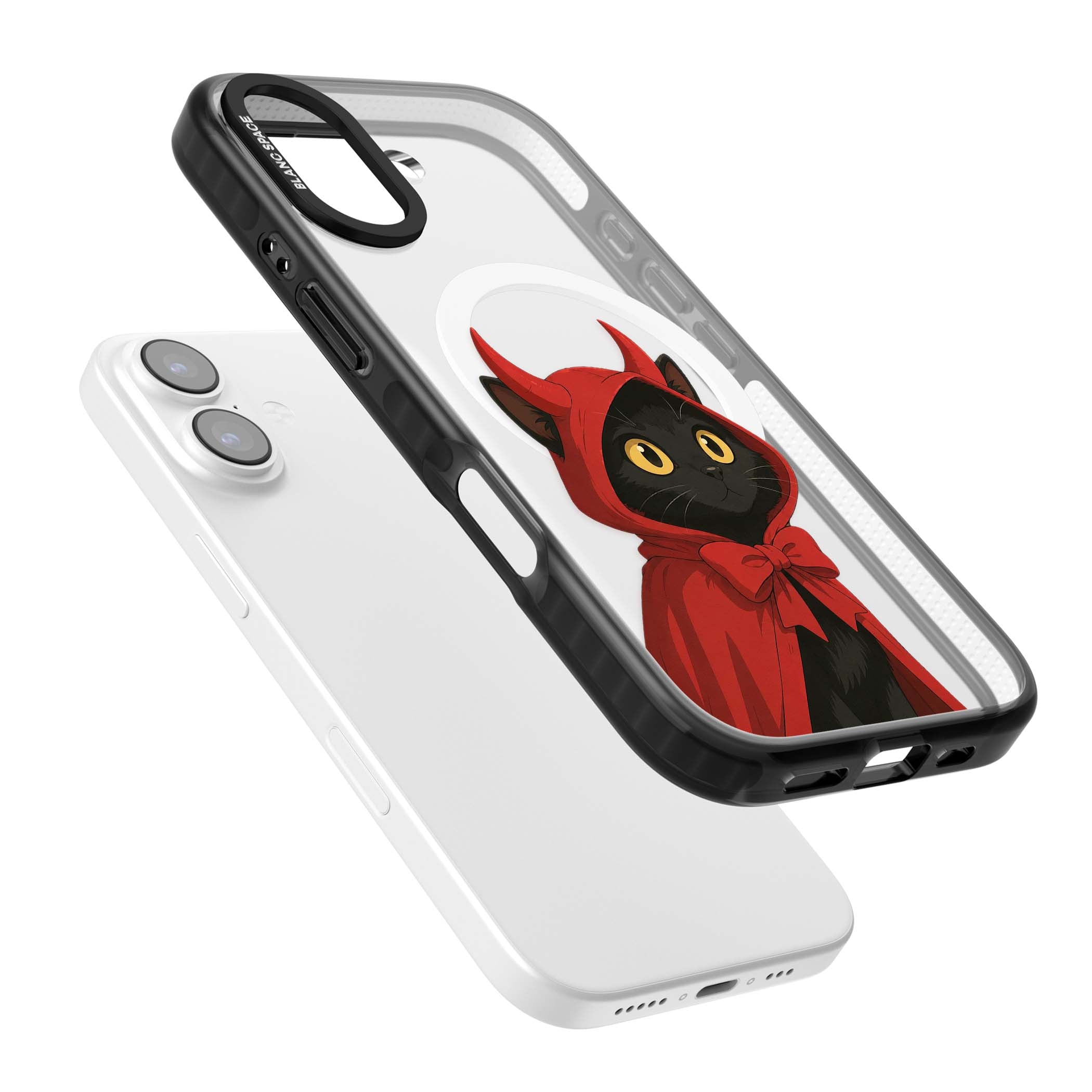 Little Devil halloween iPhone case featuring a black cat in a red hooded devil cloak with horns and golden eyes | Black Impact Magsafe case for iPhone 17