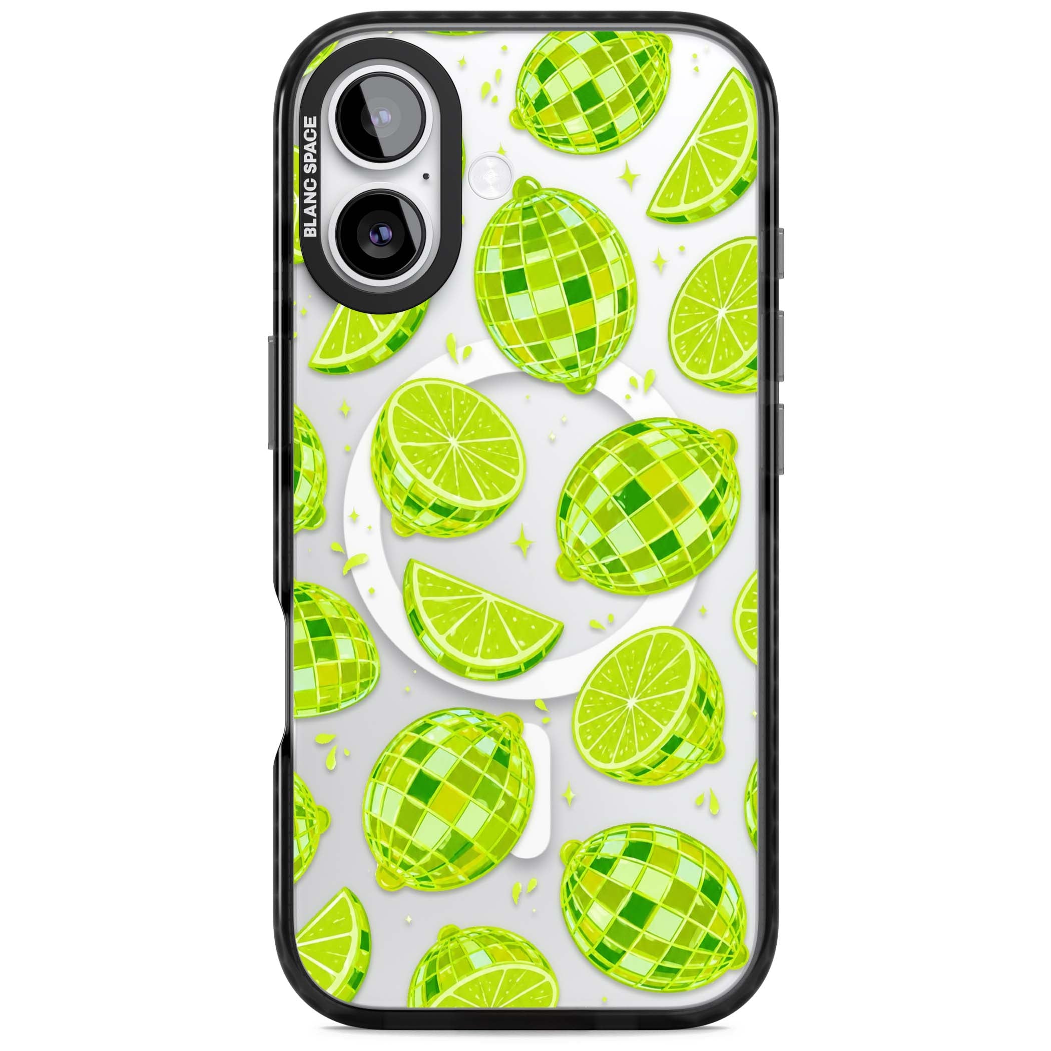 Disco Limes fruit aesthetic iPhone case featuring green disco balls, lime slices and citrus sparkles | Black Impact Magsafe case for iPhone 17