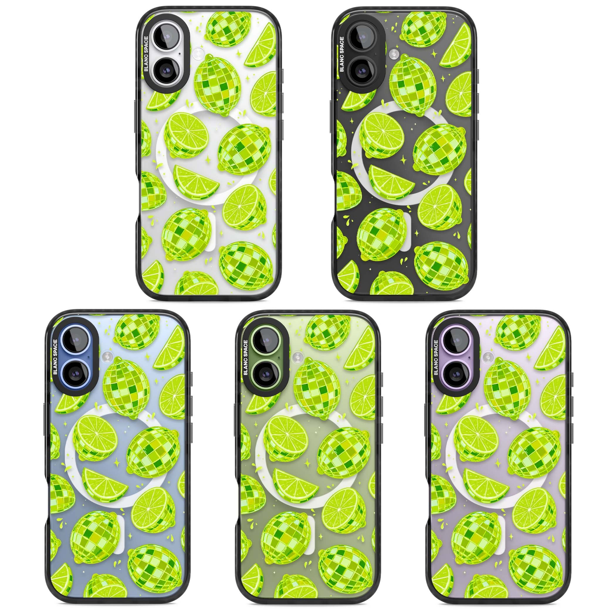 Disco Limes fruit aesthetic iPhone case featuring green disco balls, lime slices and citrus sparkles | Black Impact Magsafe case for iPhone 17
