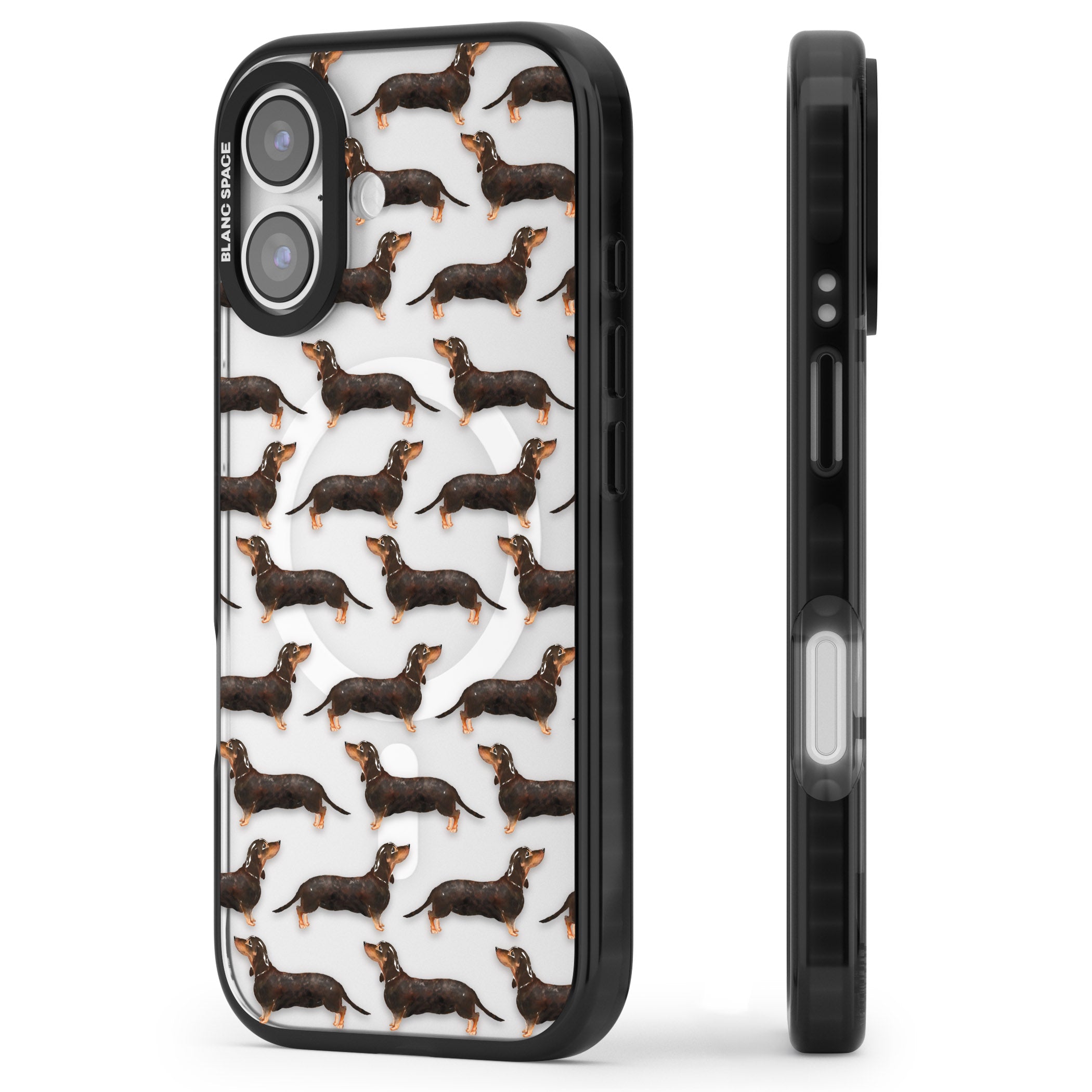 Dachshund Pattern Black Tan iPhone 17 Impact Pro Black Phone Case Side Profile