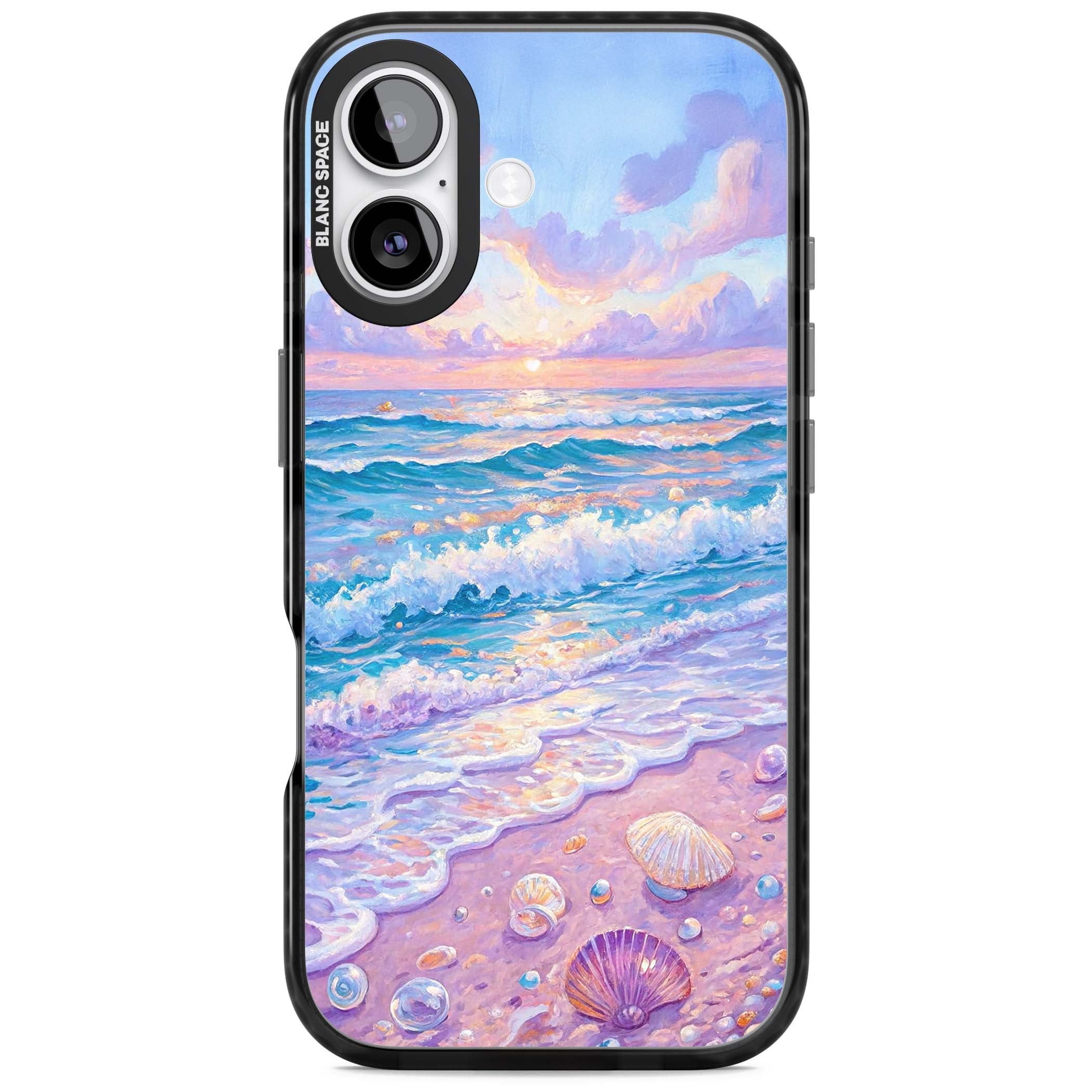 Pearl Shore coastal iPhone case featuring pastel painted waves, seashells, and a sunrise sky over a lavender beach. | Black Impact Magsafe case for iPhone 17