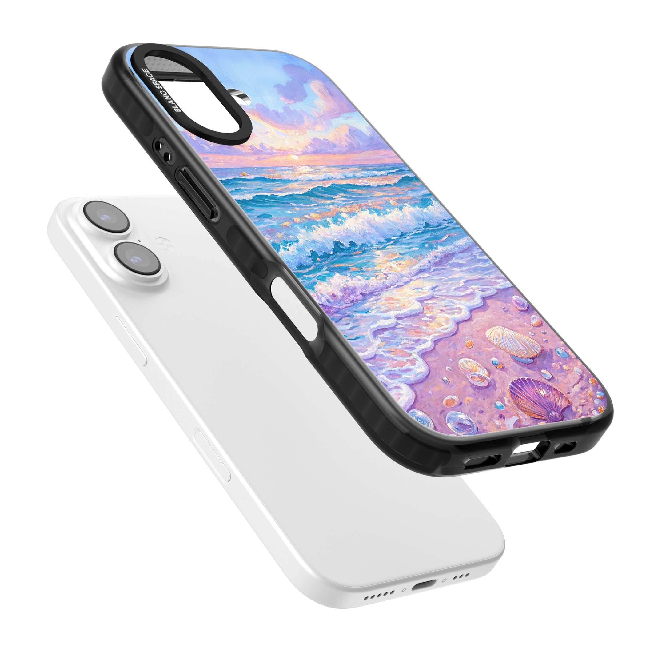 Pearl Shore coastal iPhone case featuring pastel painted waves, seashells, and a sunrise sky over a lavender beach. | Black Impact Magsafe case for iPhone 17