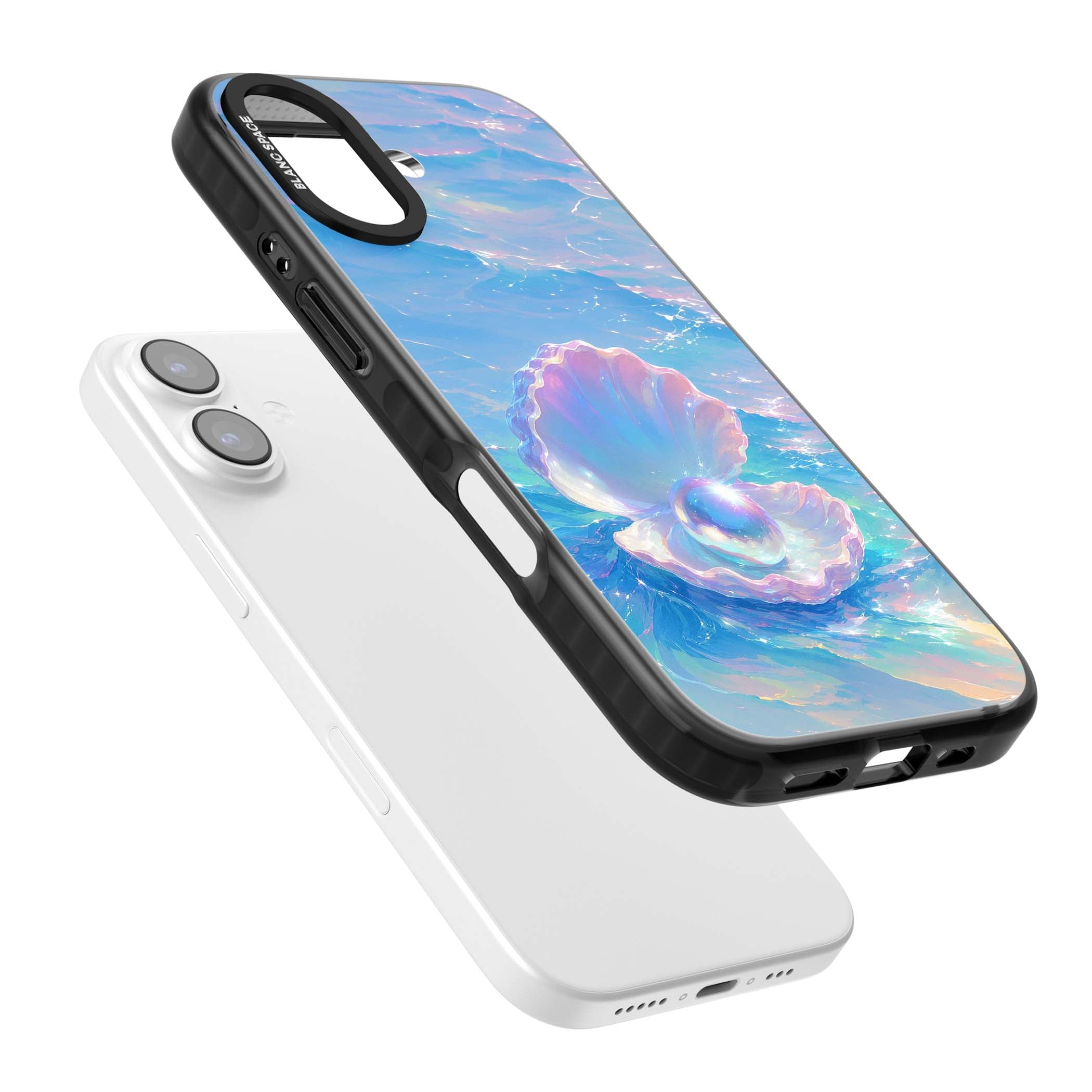 The Pearl Clam mermaidcore iPhone case featuring iridescent seashell, glowing pearl and pastel ocean waves | Black Impact Magsafe case for iPhone 17
