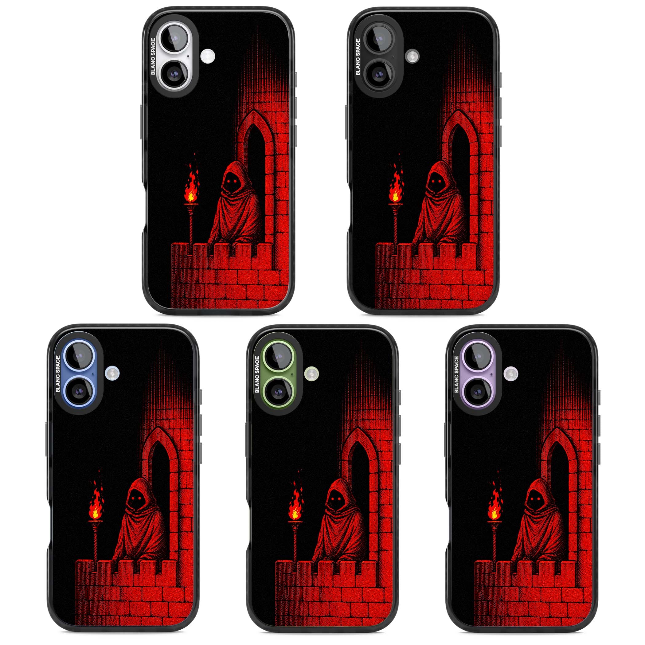 Crimson Crypt gothic iPhone case featuring a hooded reaper, torchlit crypt archway and red halftone horror art | Black Impact Magsafe case for iPhone 17