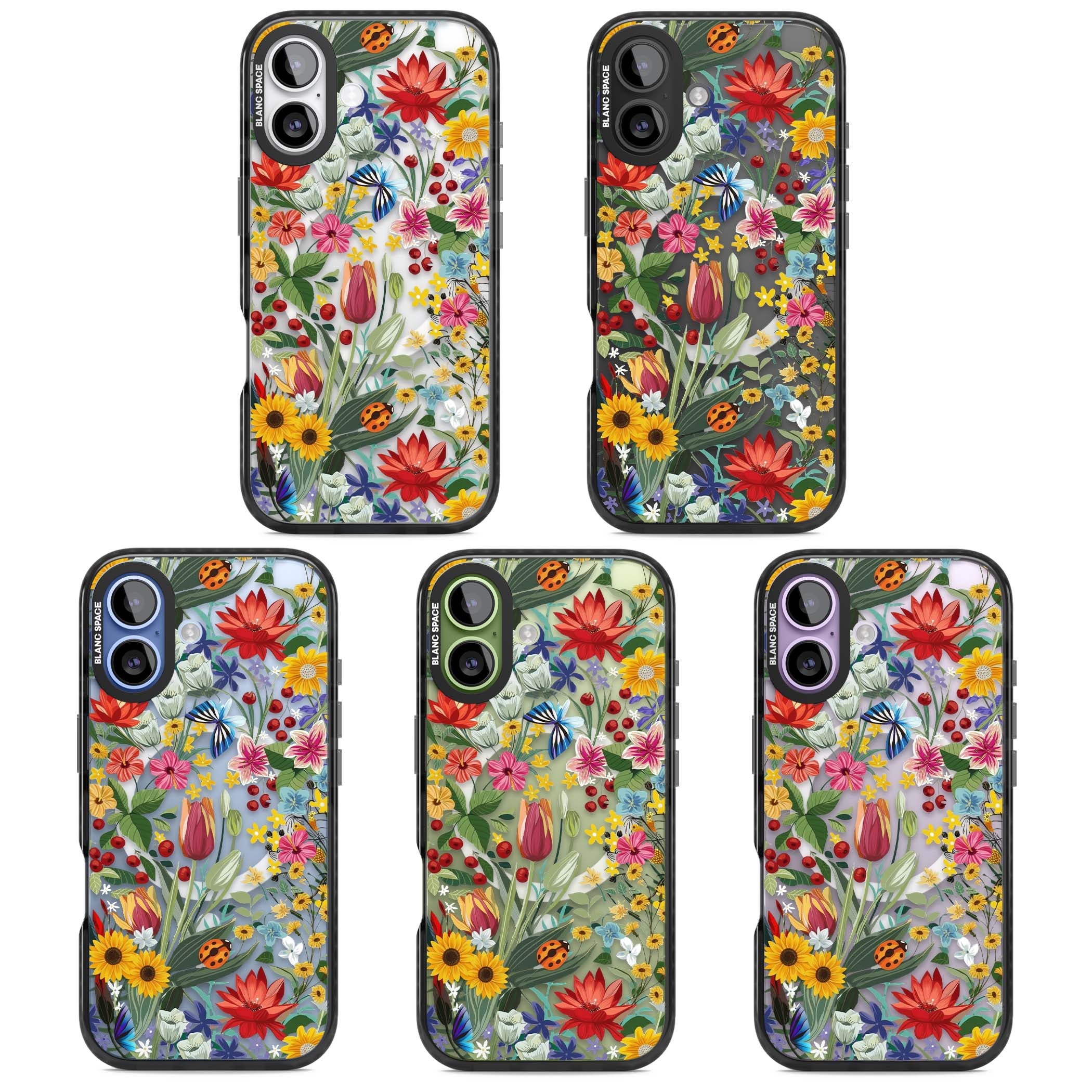 Botanical Bloom cottagecore iPhone case featuring colorful wildflowers, sunflowers, and ladybugs on clear background | Black Impact Magsafe case for iPhone 17