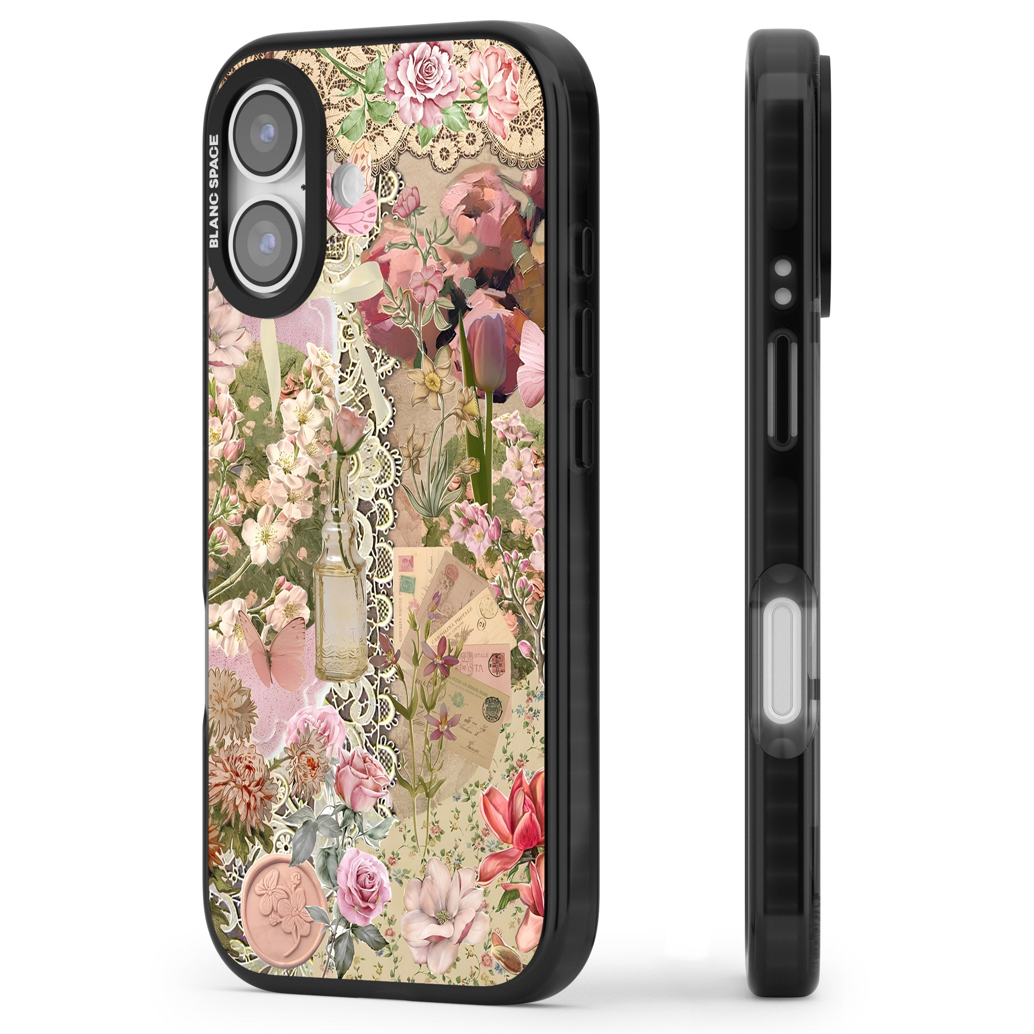 Soft Pink Flower Collage iPhone 17 Impact Pro Black Phone Case Side Profile