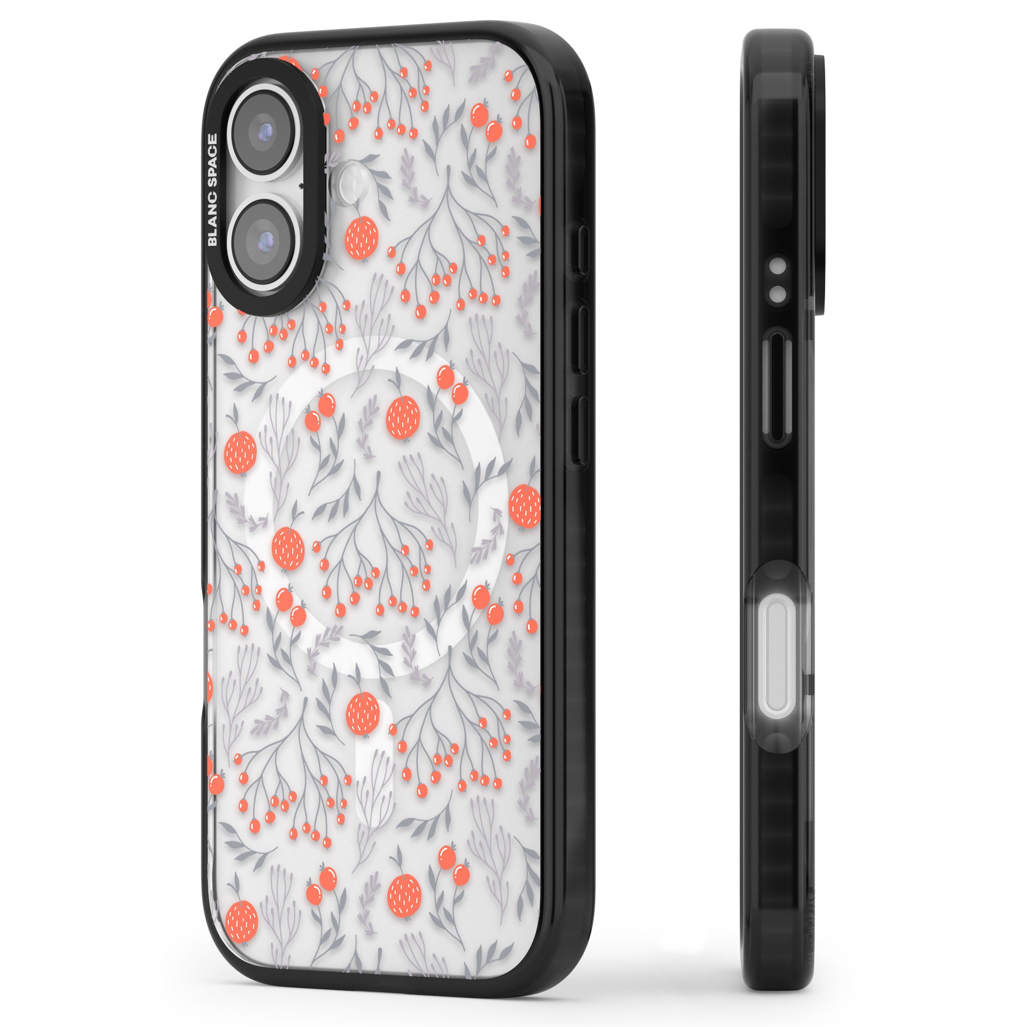 Red Fruits Floral iPhone 17 Impact Pro Black Phone Case Side Profile