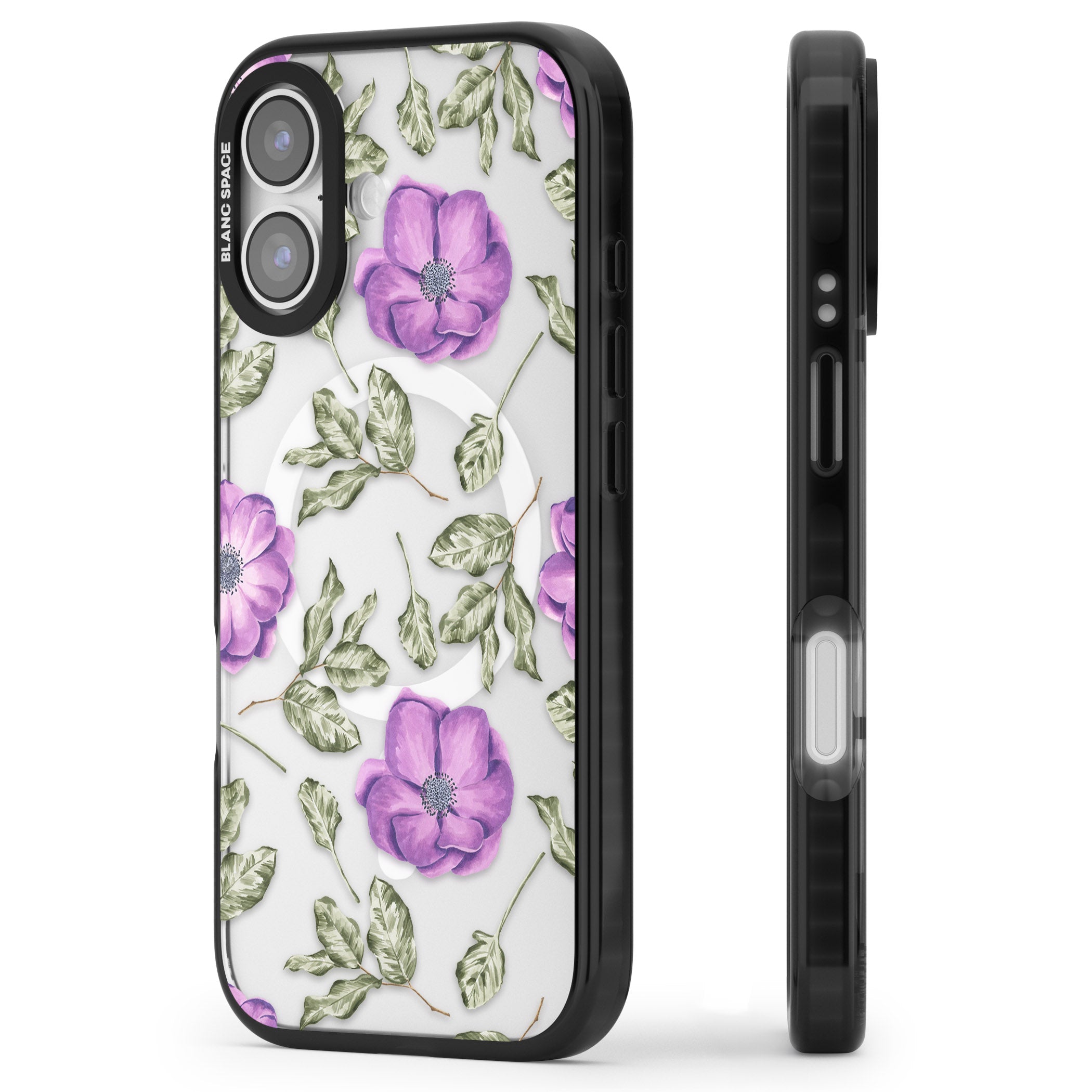 Purple Bloom Floral iPhone 17 Impact Pro Black Phone Case Side Profile