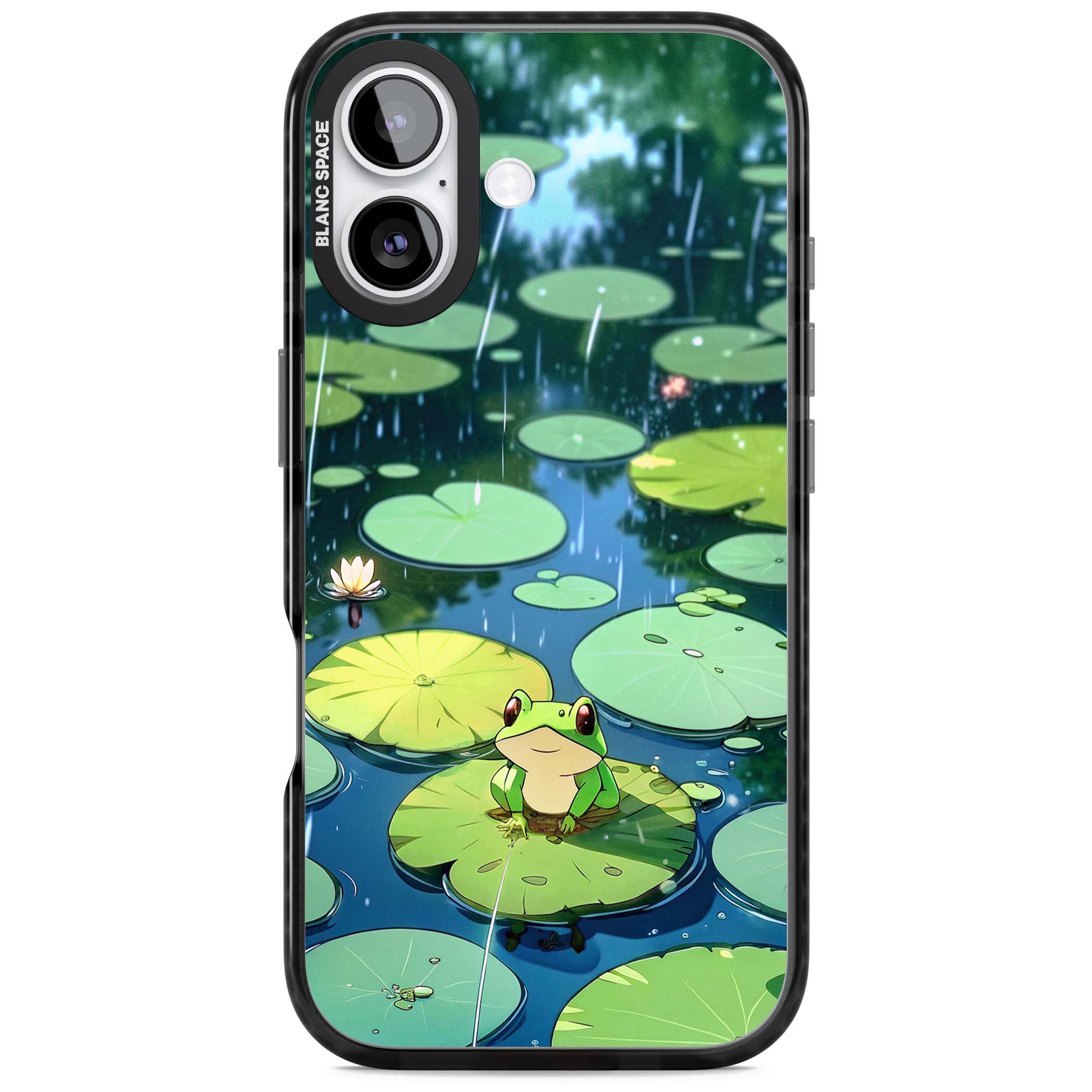 Frog In Lily Pond cottagecore iPhone case featuring a cute green frog on a lily pad with falling rain and a lotus flower | Black Impact Magsafe case for iPhone 17