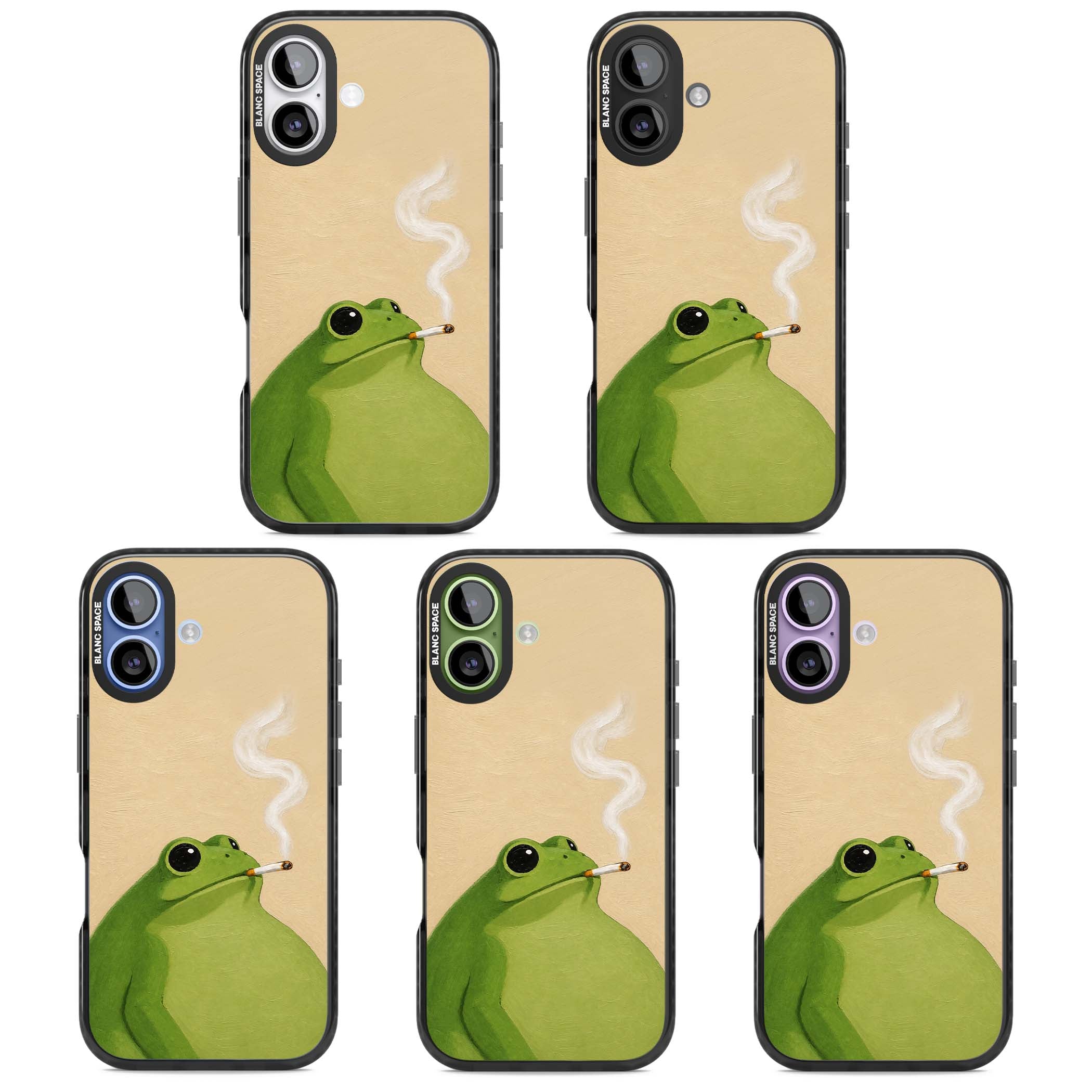 The Smoking Frog cottagecore iPhone case featuring a hand-painted green frog smoking a cigarette on a cream oil painting back | Black Impact Magsafe case for iPhone 17
