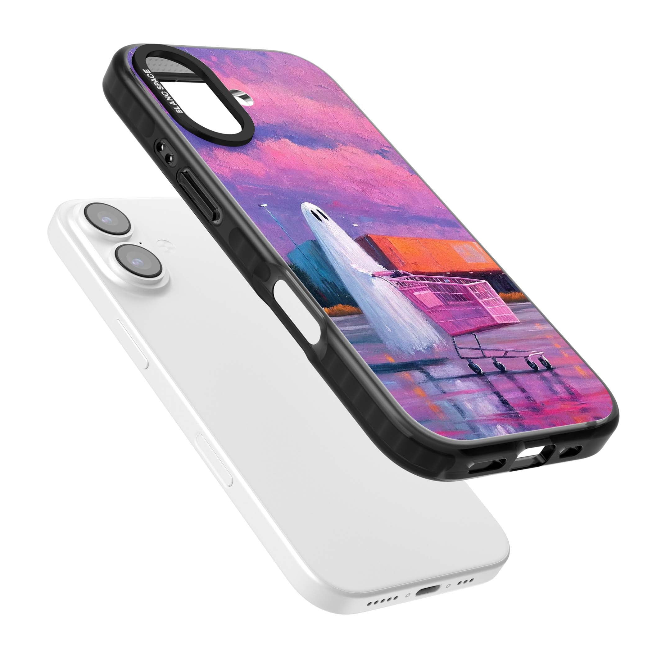 A Ghost's Errand ghost halloween iPhone case featuring a painted ghost, pink shopping trolley and purple sunset sky | Black Impact Magsafe case for iPhone 17