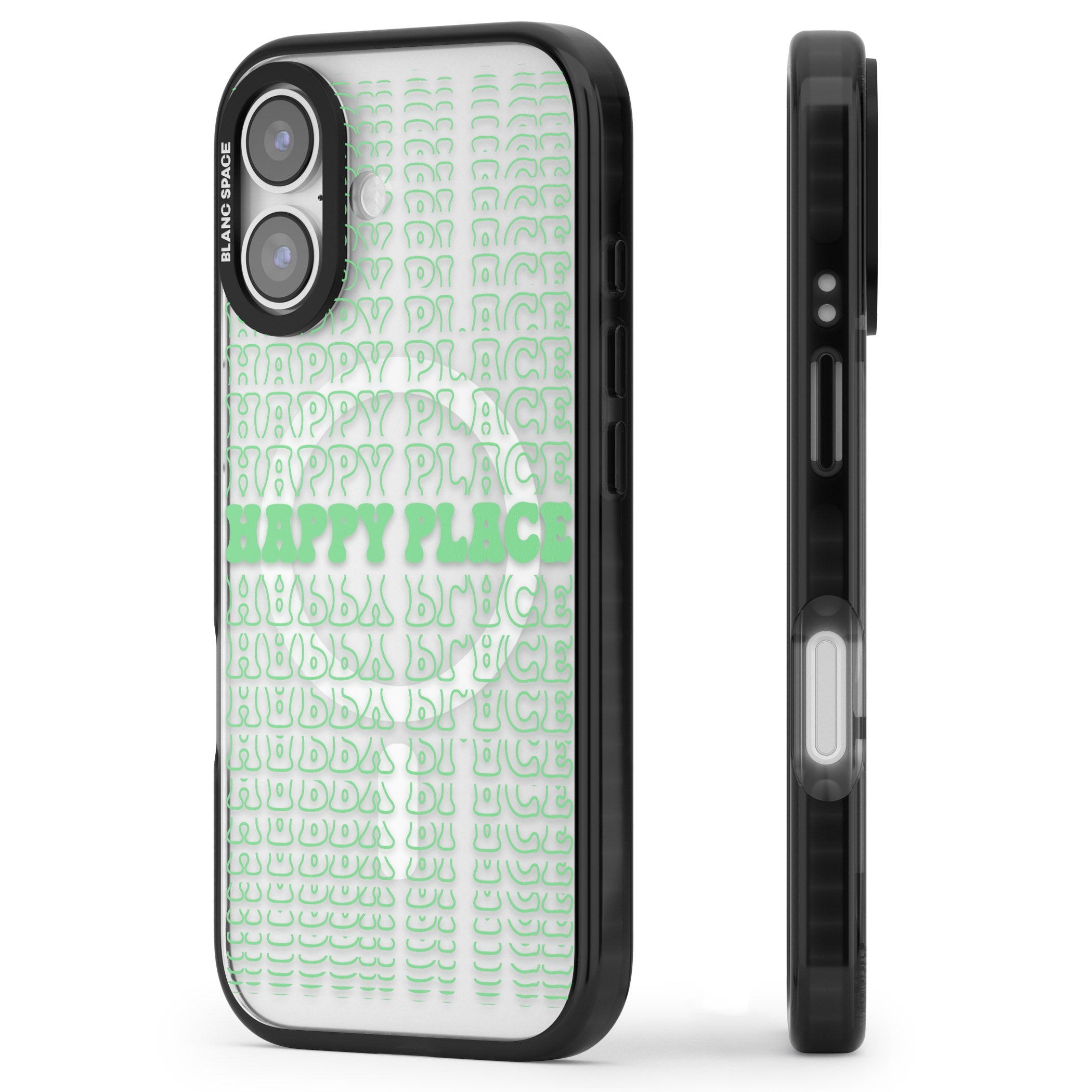 Happy Place (Green) iPhone 17 Impact Pro Black Phone Case Side Profile