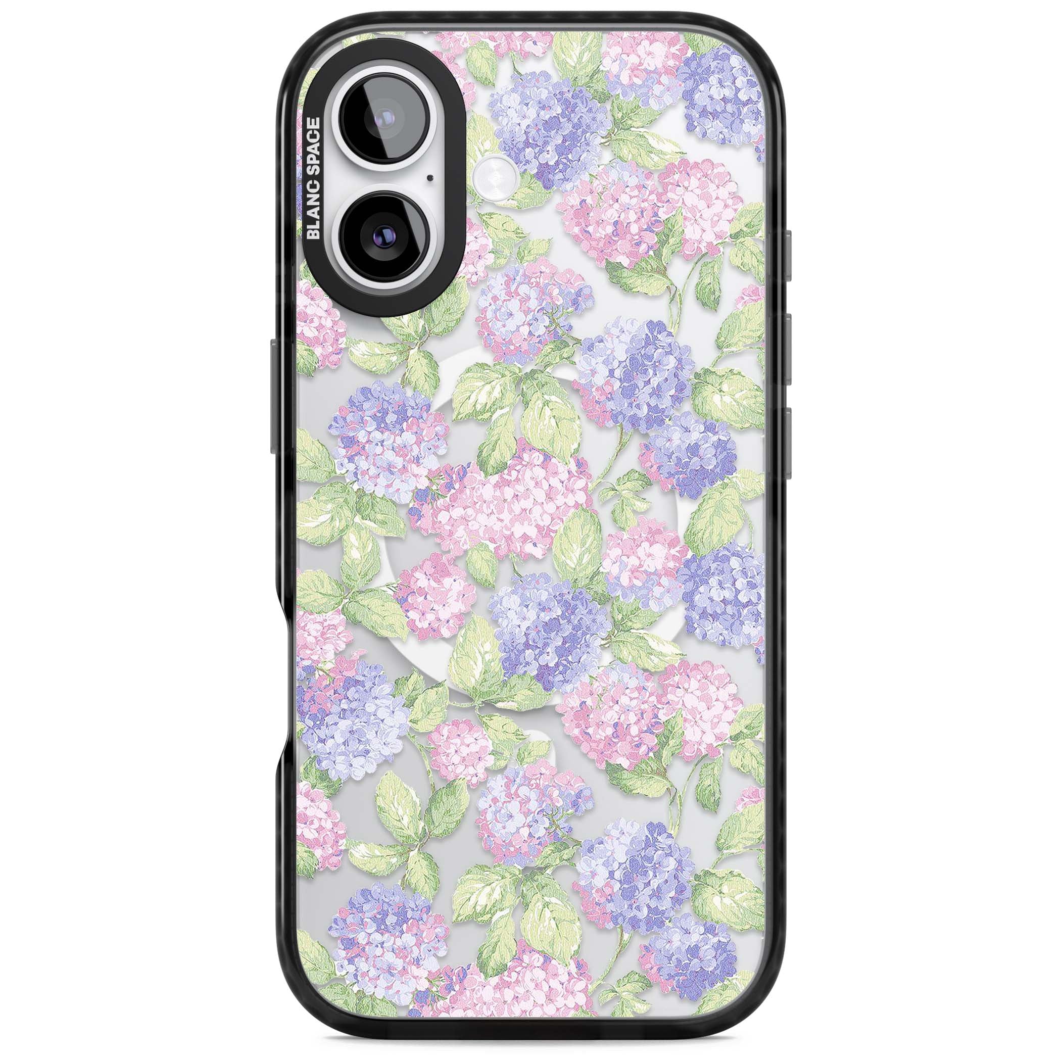 Cottage Hydrangea cottagecore iPhone case featuring pink and purple hydrangea blooms with green leaves on a clear background | Black Impact Magsafe case for iPhone 17