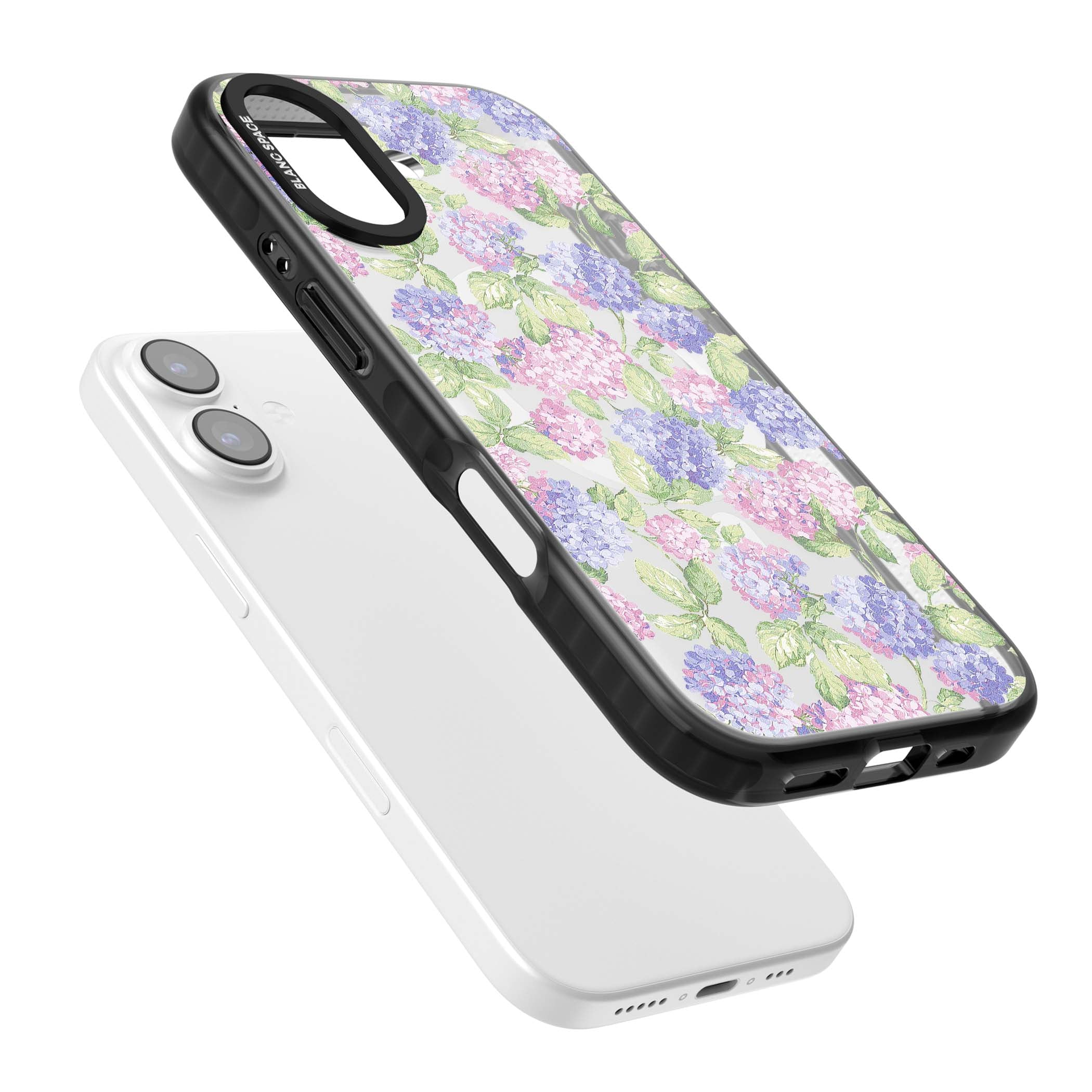 Cottage Hydrangea cottagecore iPhone case featuring pink and purple hydrangea blooms with green leaves on a clear background | Black Impact Magsafe case for iPhone 17
