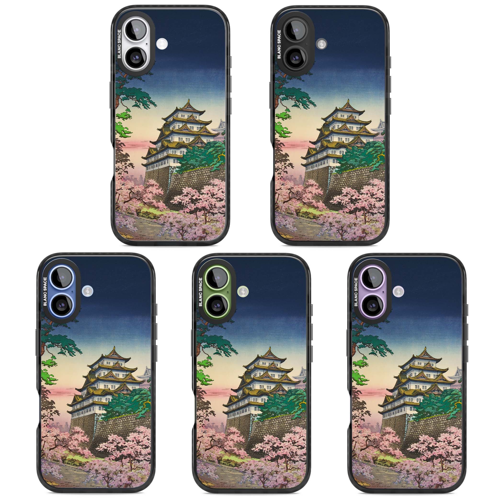 Nagoya Castle Japanese iPhone case featuring a vintage pagoda, twilight sky and cherry blossom trees | Black Impact Magsafe case for iPhone 17