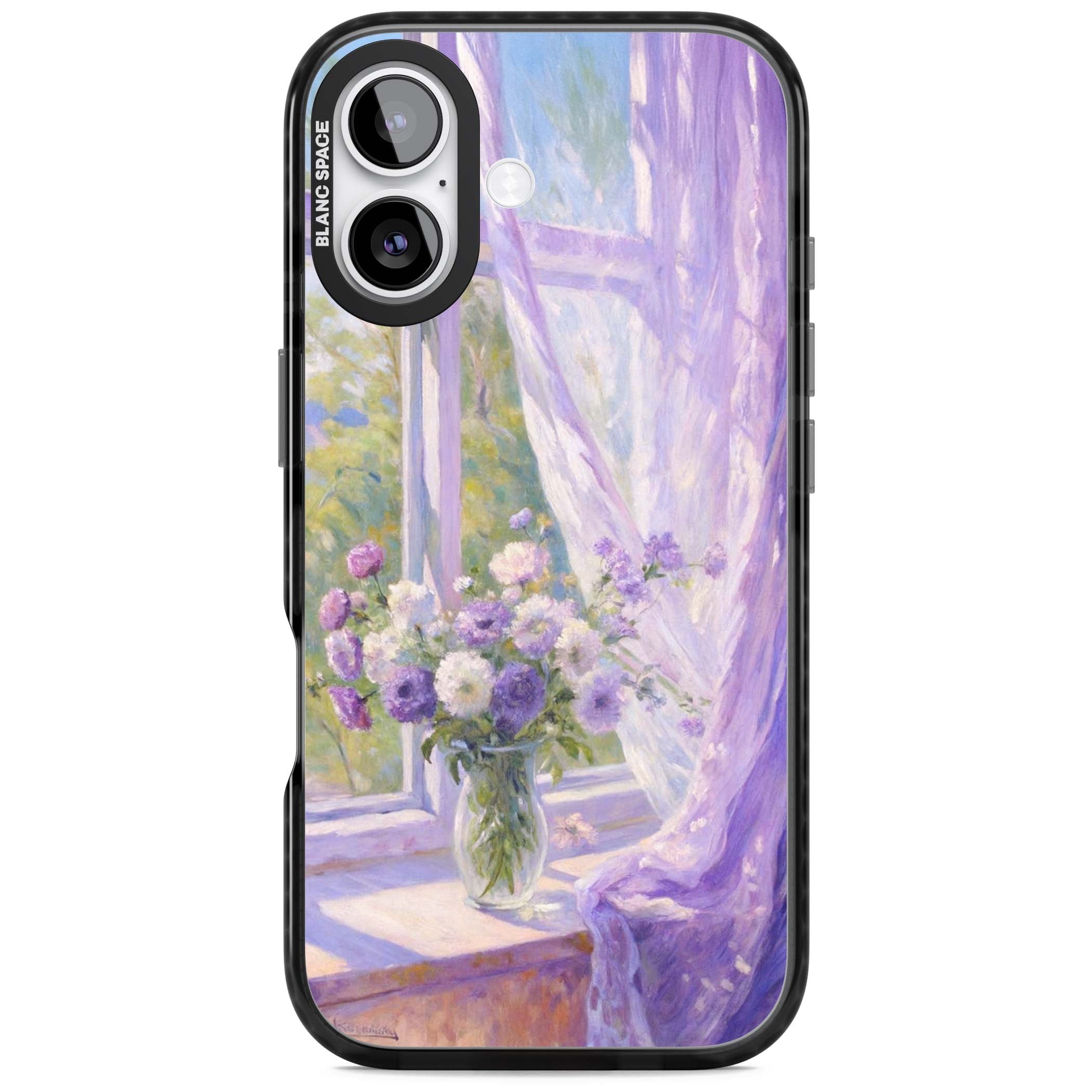 A Provence Morning impressionist art iPhone case featuring a vase of purple flowers, sunlit window and sheer curt | Black Impact Magsafe case for iPhone 17