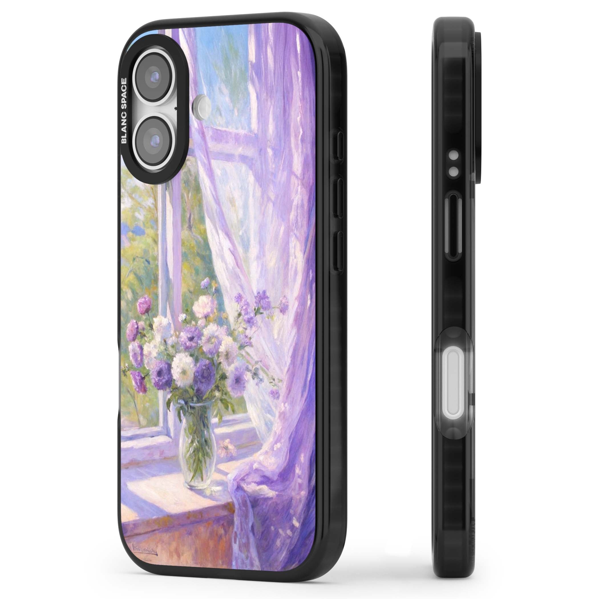 A Provence Morning impressionist art iPhone case featuring a vase of purple flowers, sunlit window and sheer curt | Black Impact Magsafe case for iPhone 17