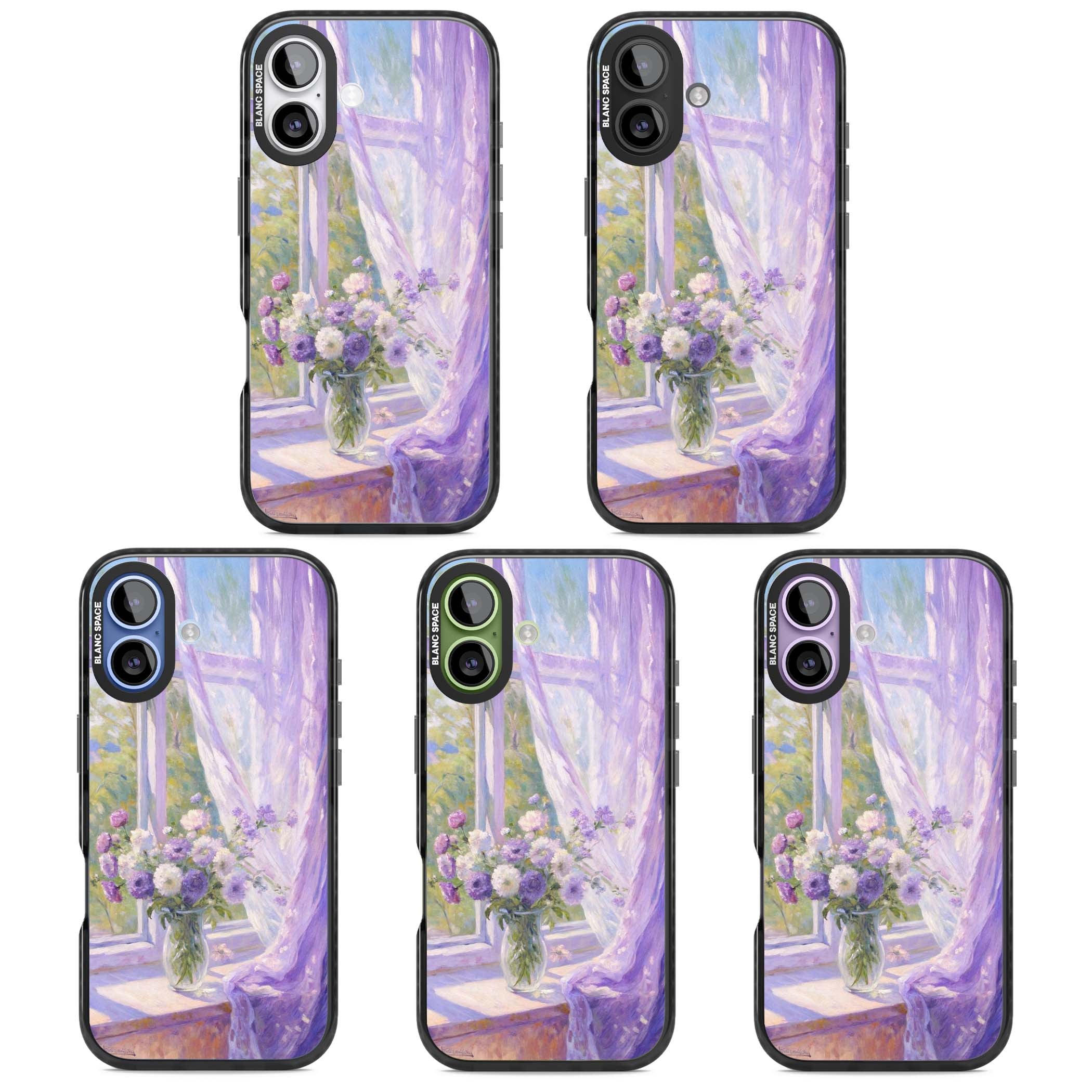 A Provence Morning impressionist art iPhone case featuring a vase of purple flowers, sunlit window and sheer curt | Black Impact Magsafe case for iPhone 17