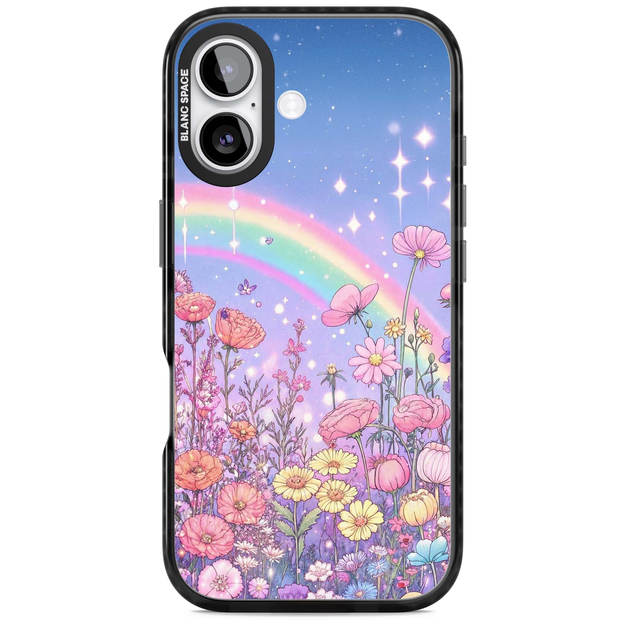 Magical Meadow fairycore iPhone case featuring a pastel rainbow, sparkling stars and a wildflower meadow | Black Impact Magsafe case for iPhone 17