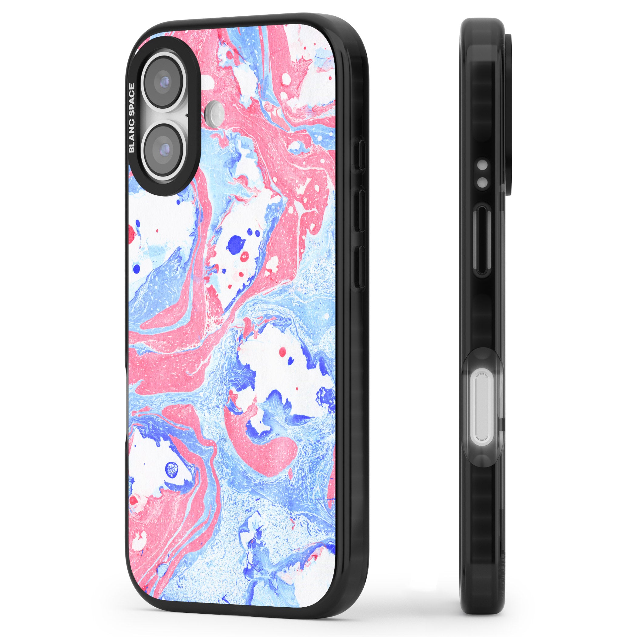 Pink, Blue & White Marbled Paper Pattern iPhone 17 Impact Pro Black Phone Case Side Profile
