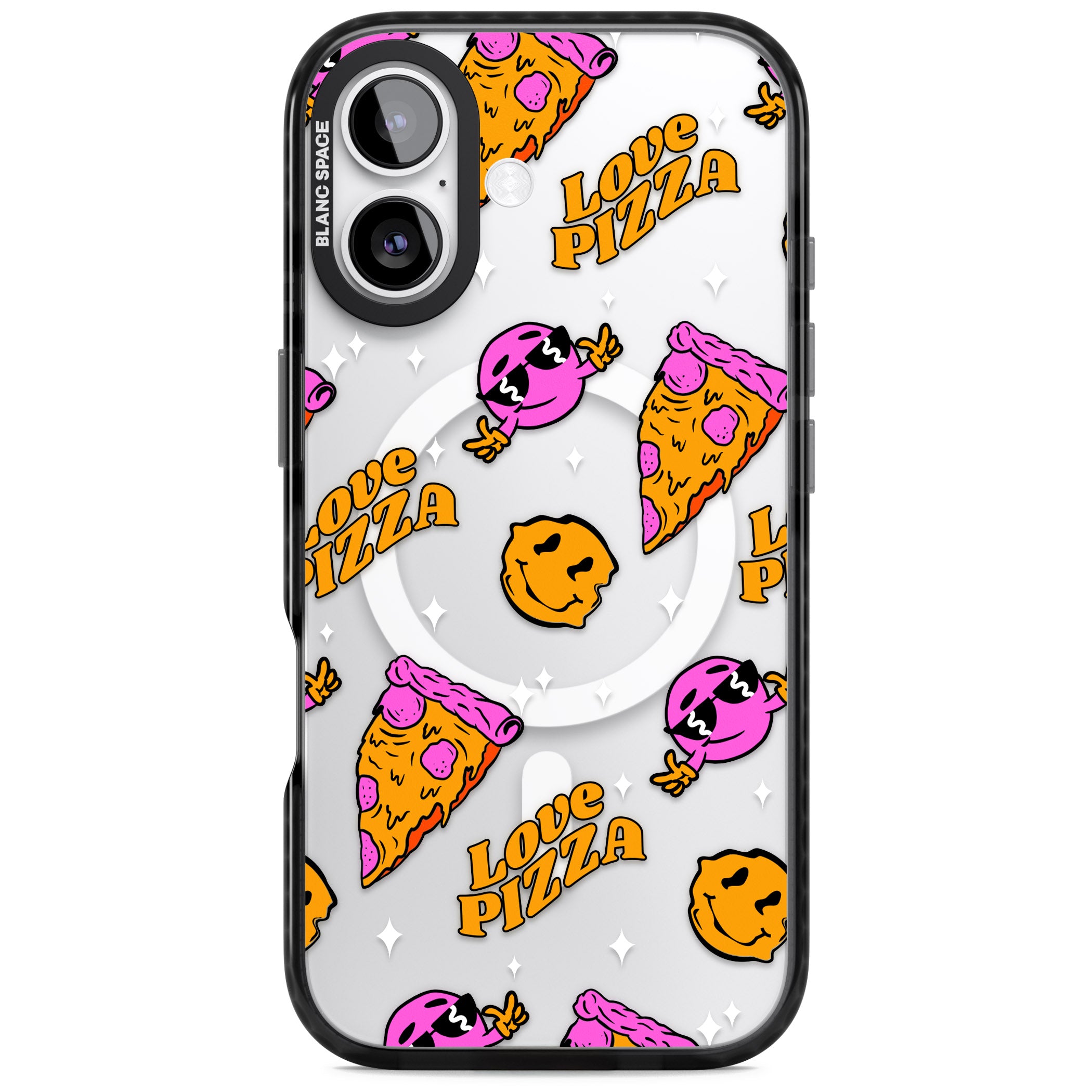 Psychedelic Love Pizza Pattern (Clear) iPhone 17 Impact Pro Black Phone Case
