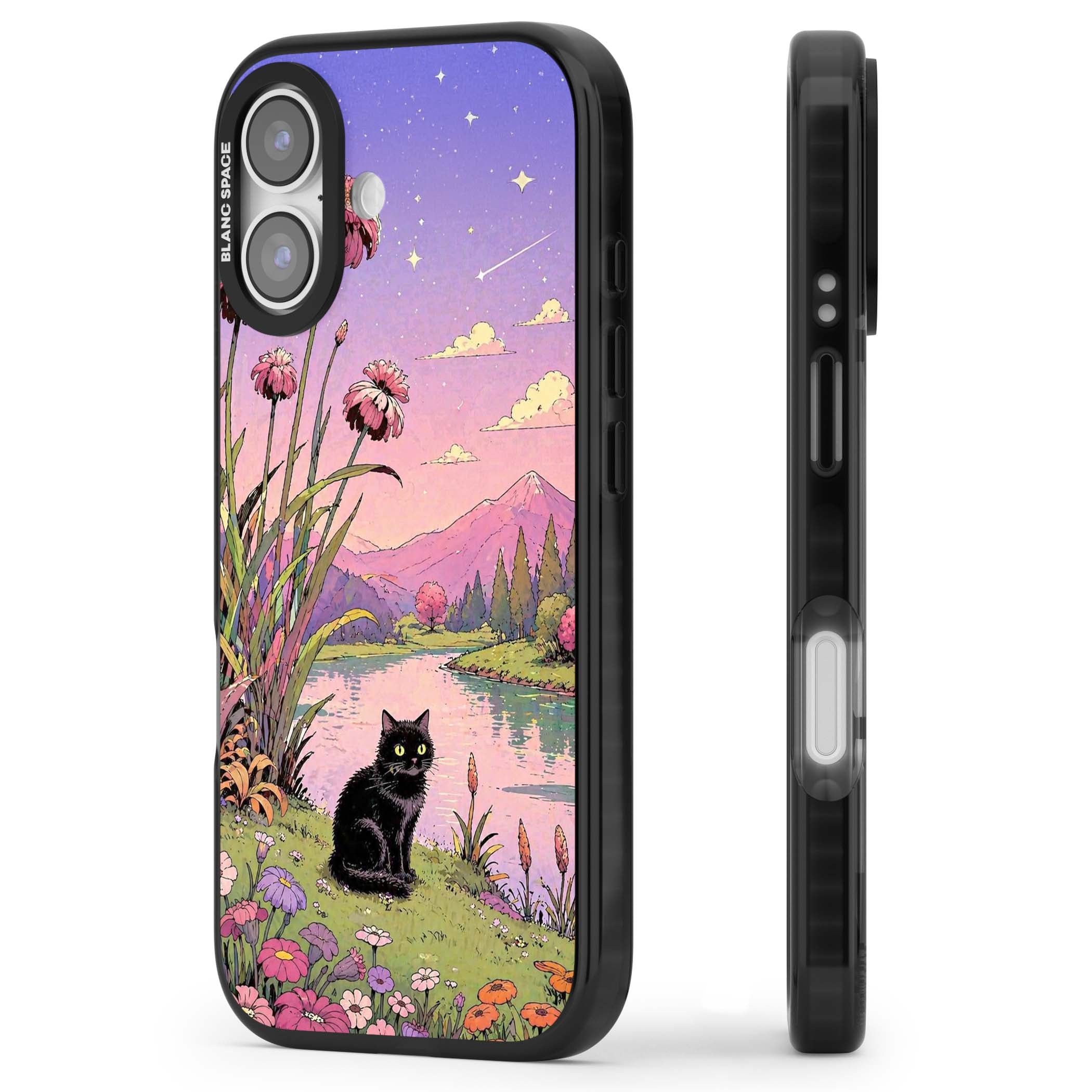 Mystic Whiskers ghibli iPhone case featuring a black cat by a pastel lake, wildflowers and a starry sunset sky | Black Impact Magsafe case for iPhone 17