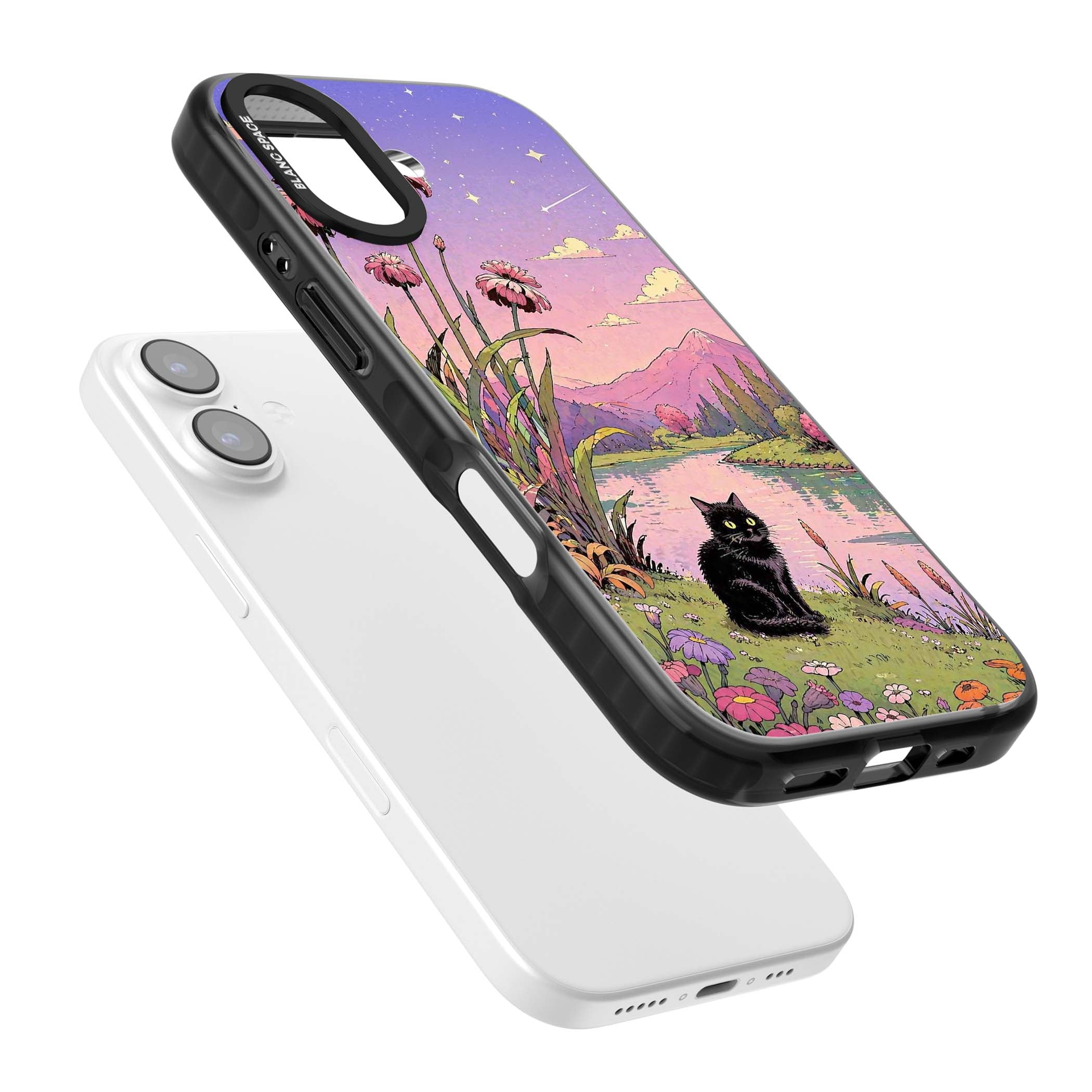 Mystic Whiskers ghibli iPhone case featuring a black cat by a pastel lake, wildflowers and a starry sunset sky | Black Impact Magsafe case for iPhone 17