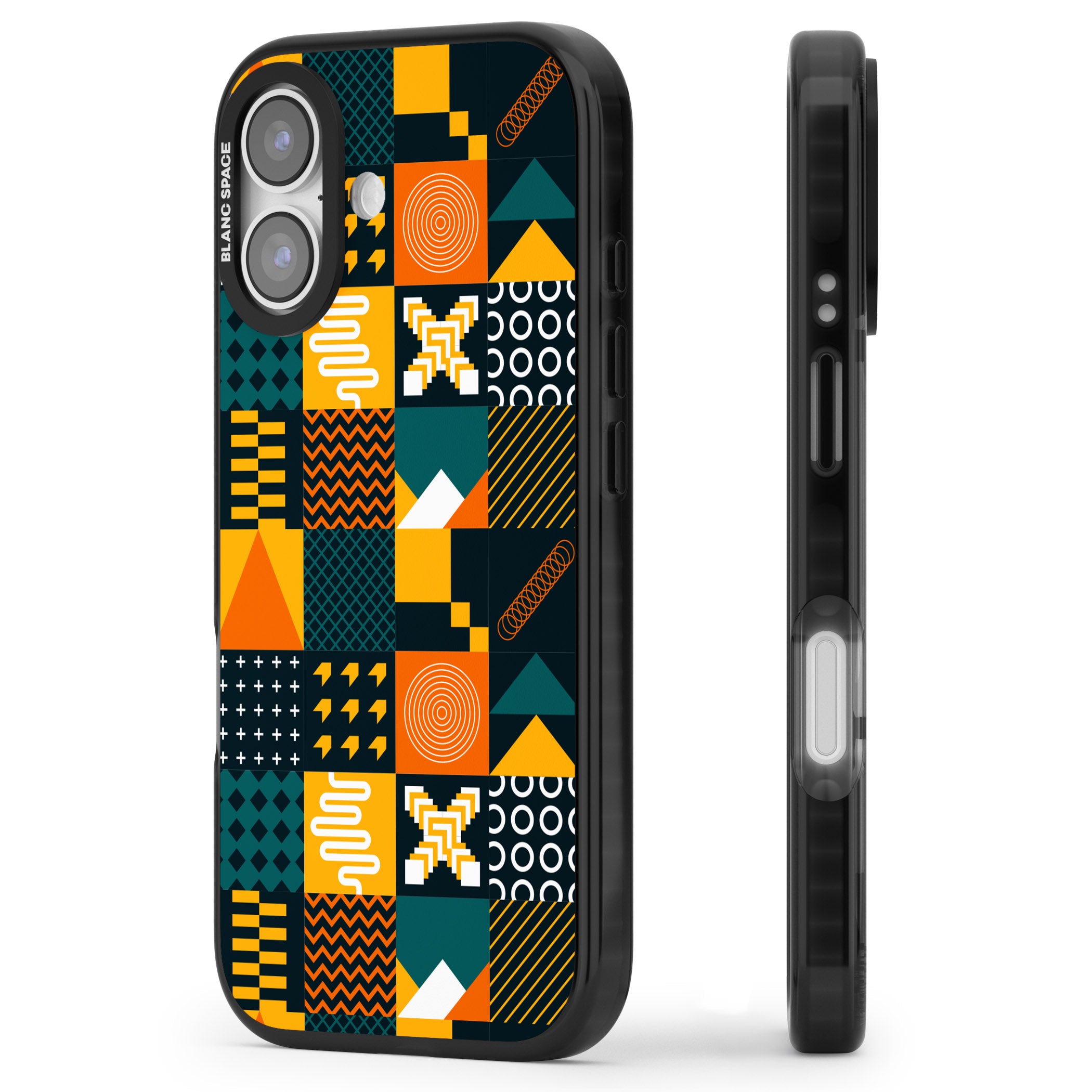 Funky Geometric Patterns: Orange & Dark Green iPhone 17 Impact Pro Black Phone Case Side Profile