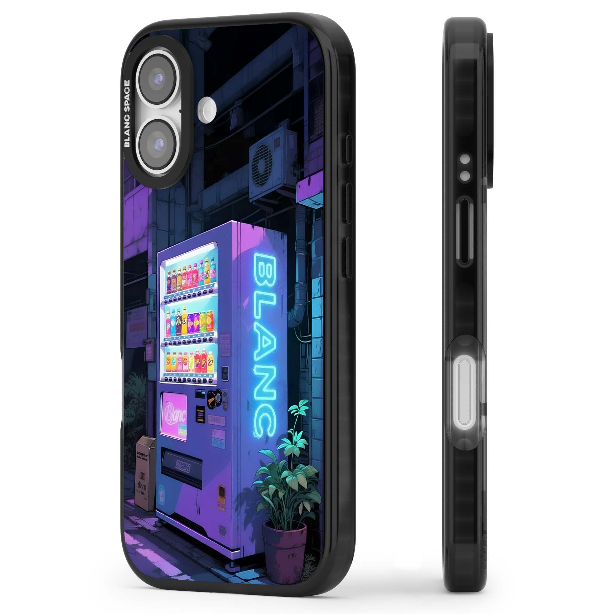 Shibuya Glow Japanese iPhone case featuring a glowing Tokyo vending machine, neon signage, and moody purple alleyway | Black Impact Magsafe case for iPhone 17