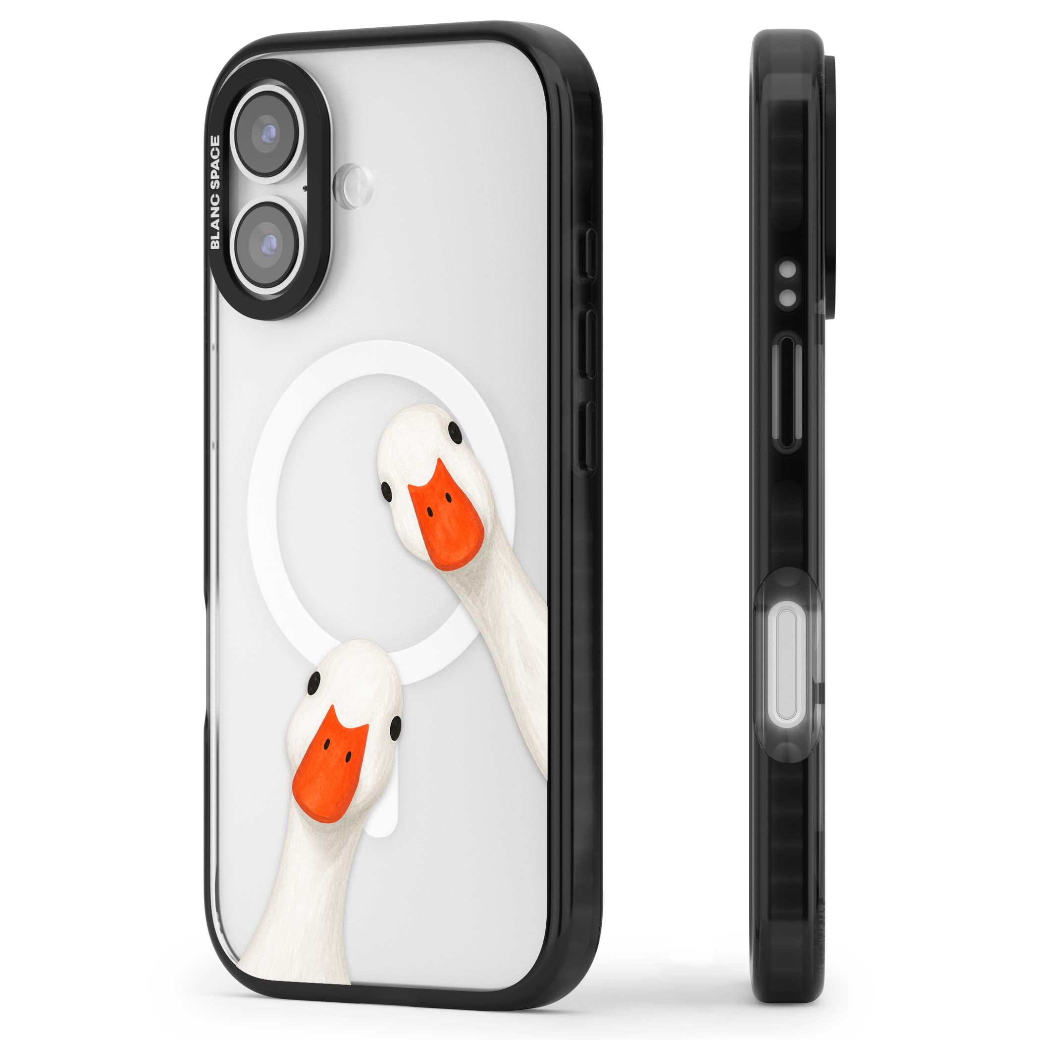 Nosy Ducks cottagecore iPhone case featuring two peeking white ducks with orange beaks on a clear background | Black Impact Magsafe case for iPhone 17