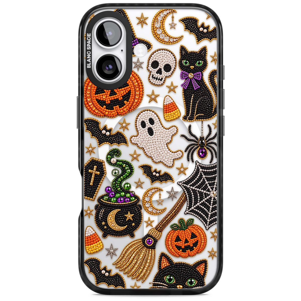 Beaded Halloween Halloween iPhone case featuring beaded pumpkins, ghosts, black cats and bats | Black Impact Magsafe case for iPhone 17