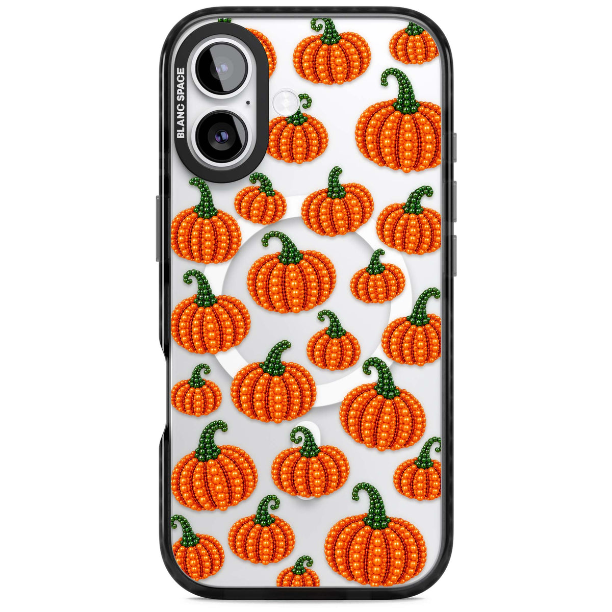 Beaded Pumpkins halloween iPhone case featuring beaded orange pumpkins with green stems on a clear background | Black Impact Magsafe case for iPhone 17