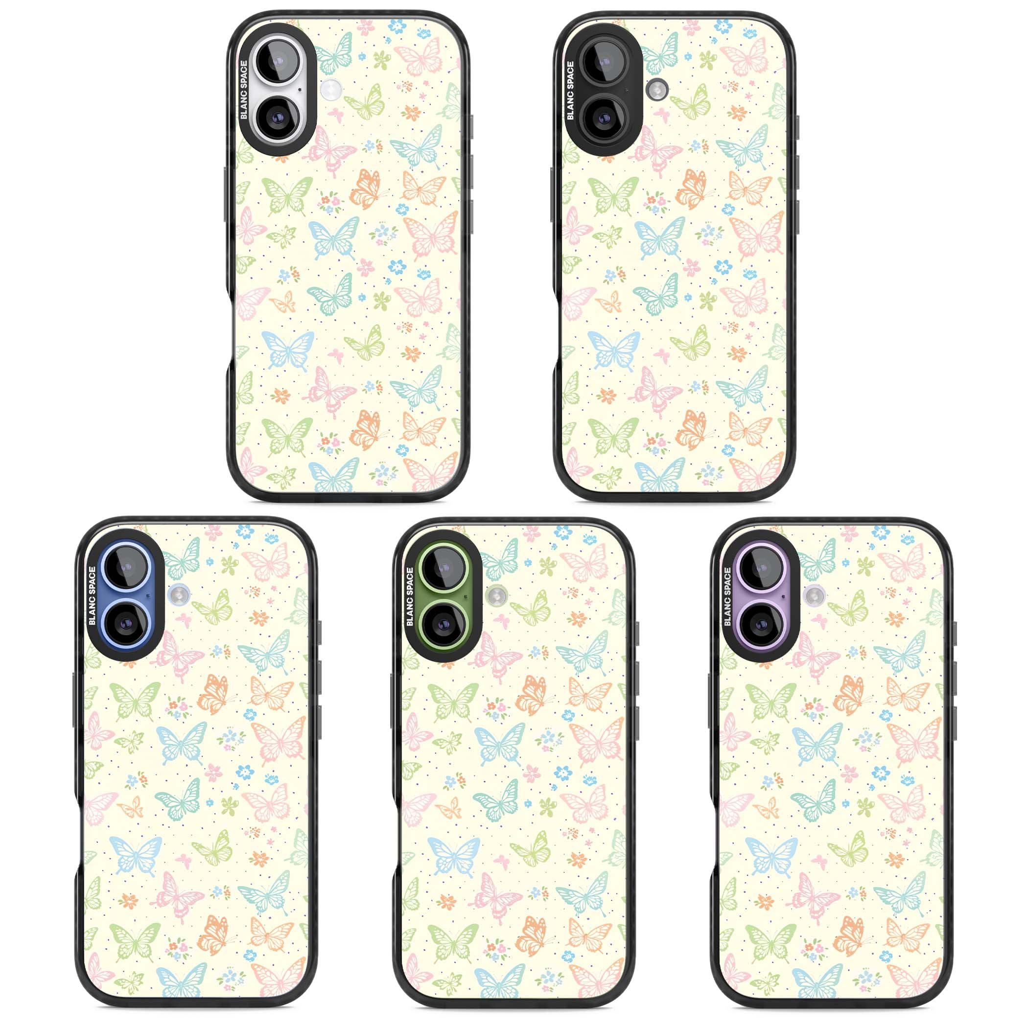 Sugar Wings cottagecore iPhone case featuring rainbow pastel butterflies, tiny wildflowers, and a cream background | Black Impact Magsafe case for iPhone 17