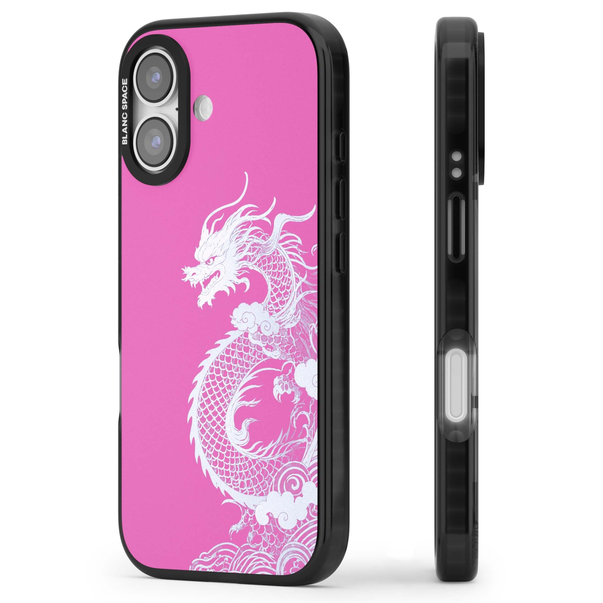 Pink Empress chinese dragon iPhone case featuring a white dragon, swirling clouds and pink dragon wallpaper backdrop | Black Impact Magsafe case for iPhone 17