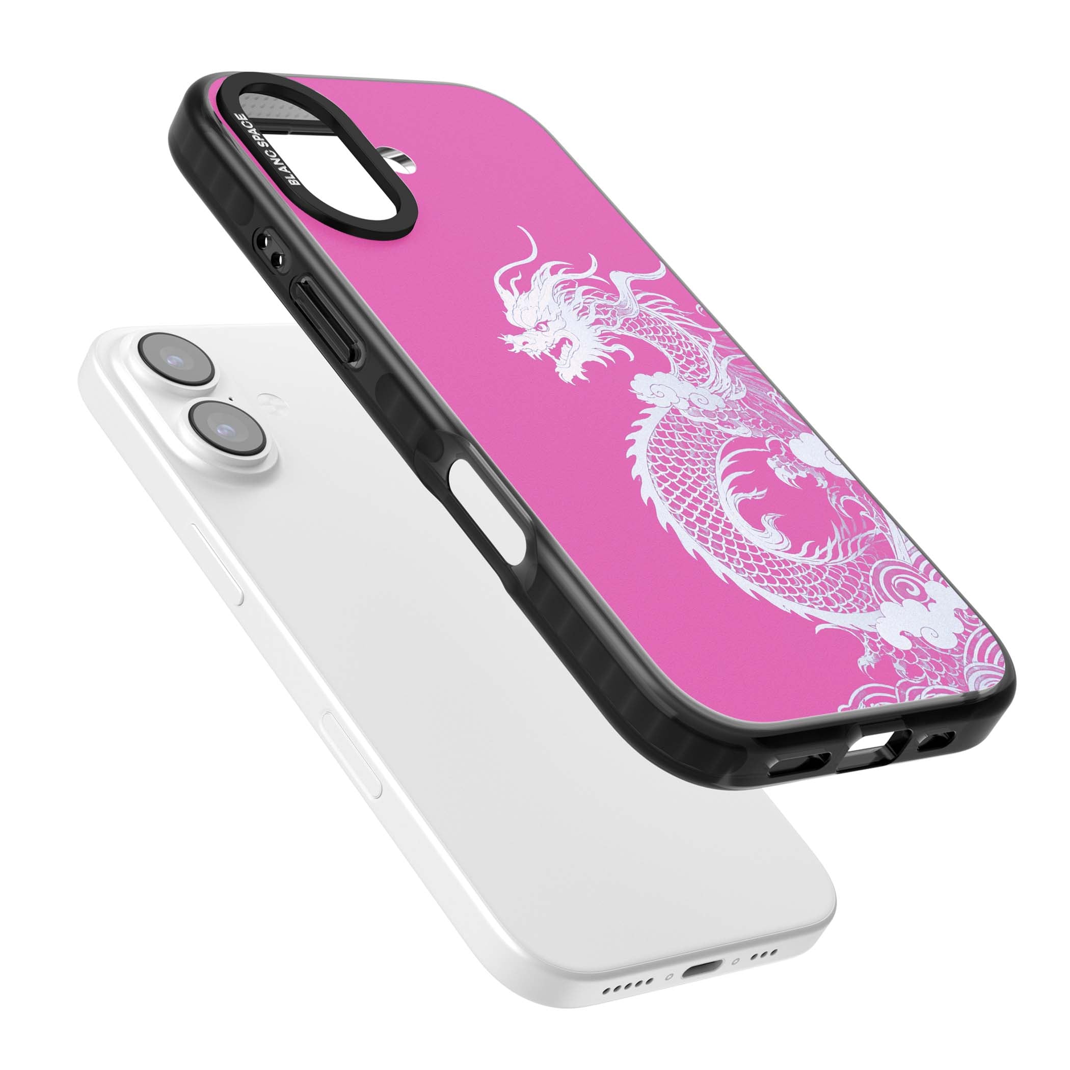 Pink Empress chinese dragon iPhone case featuring a white dragon, swirling clouds and pink dragon wallpaper backdrop | Black Impact Magsafe case for iPhone 17