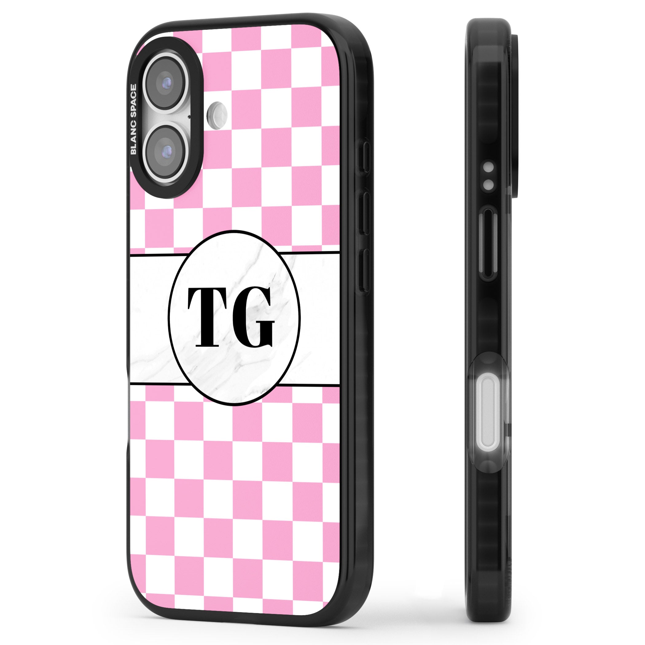 Personalised Monogrammed Pink Check iPhone 17 Impact Pro Black Phone Case Side Profile