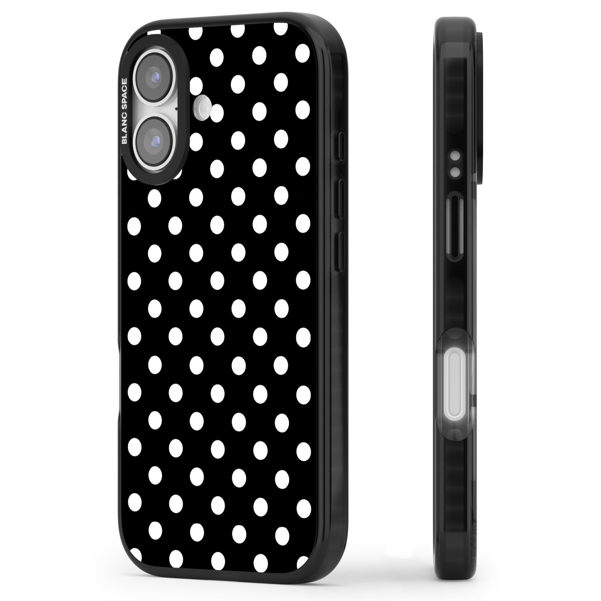 Designer Chic Black Polka Dot iPhone 17 Impact Pro Black Phone Case Side Profile