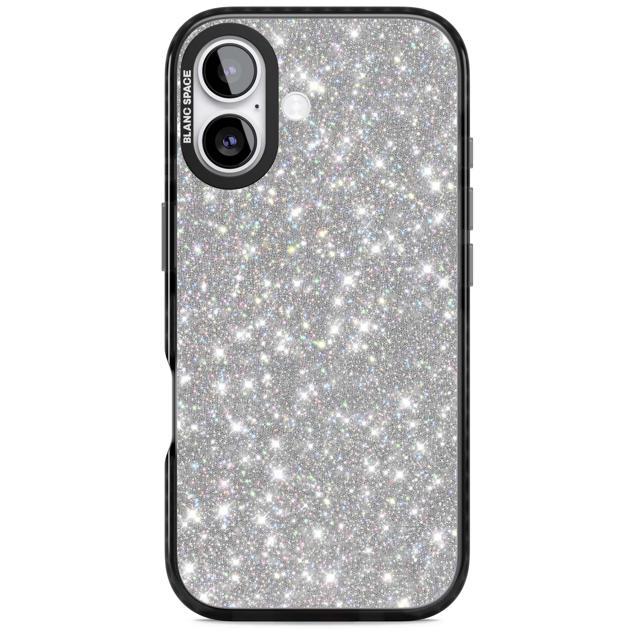 Diamond glam iPhone case featuring silver glitter sparkle and shimmering diamond dust effect | Black Impact Magsafe case for iPhone 17