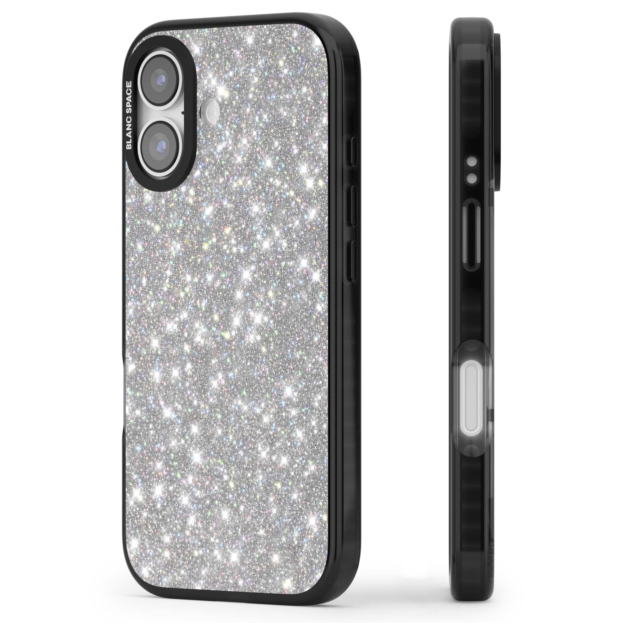 Diamond glam iPhone case featuring silver glitter sparkle and shimmering diamond dust effect | Black Impact Magsafe case for iPhone 17