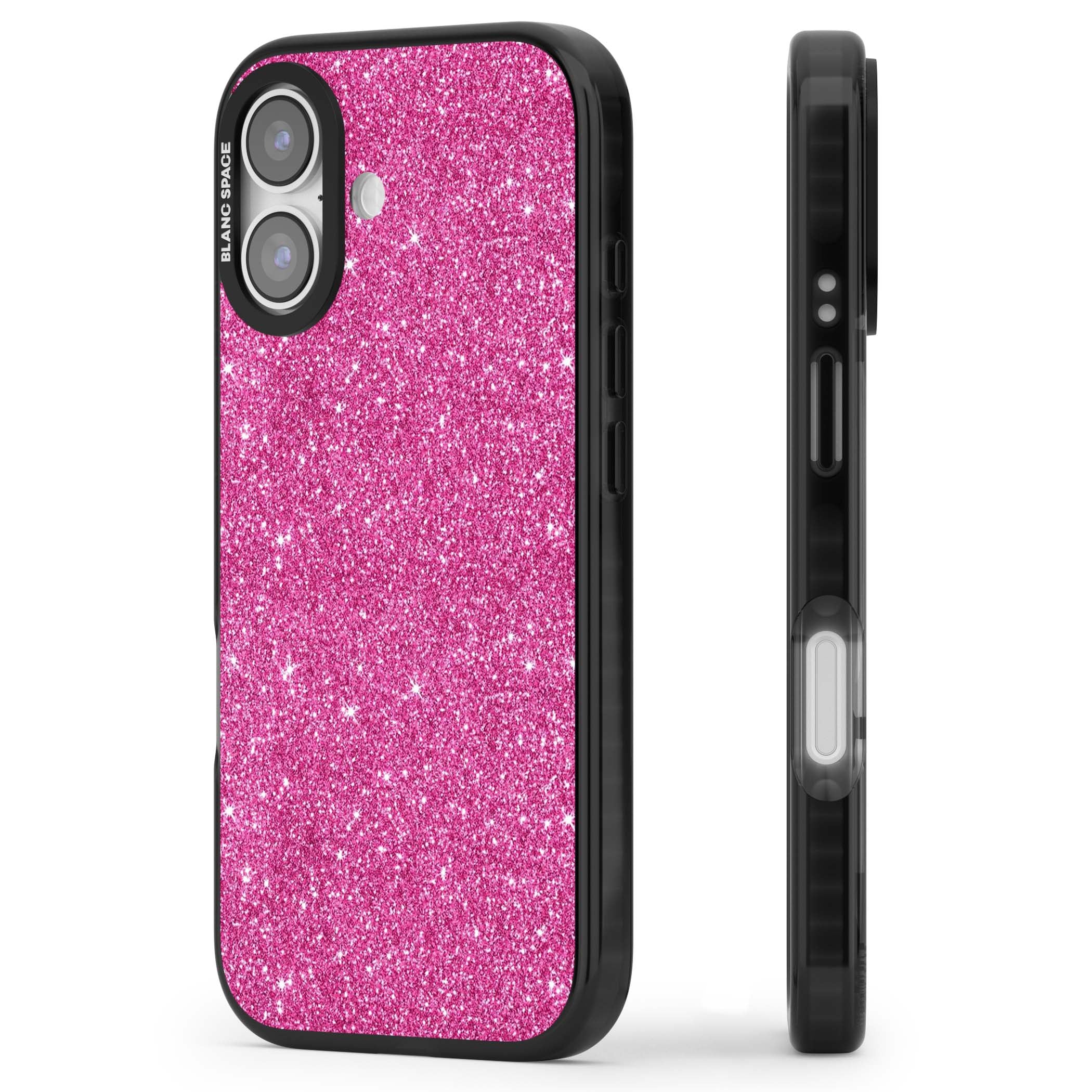 Pink Glitter Y2K iPhone case featuring hot pink glitter wallpaper with sparkle shimmer effect | Black Impact Magsafe case for iPhone 17