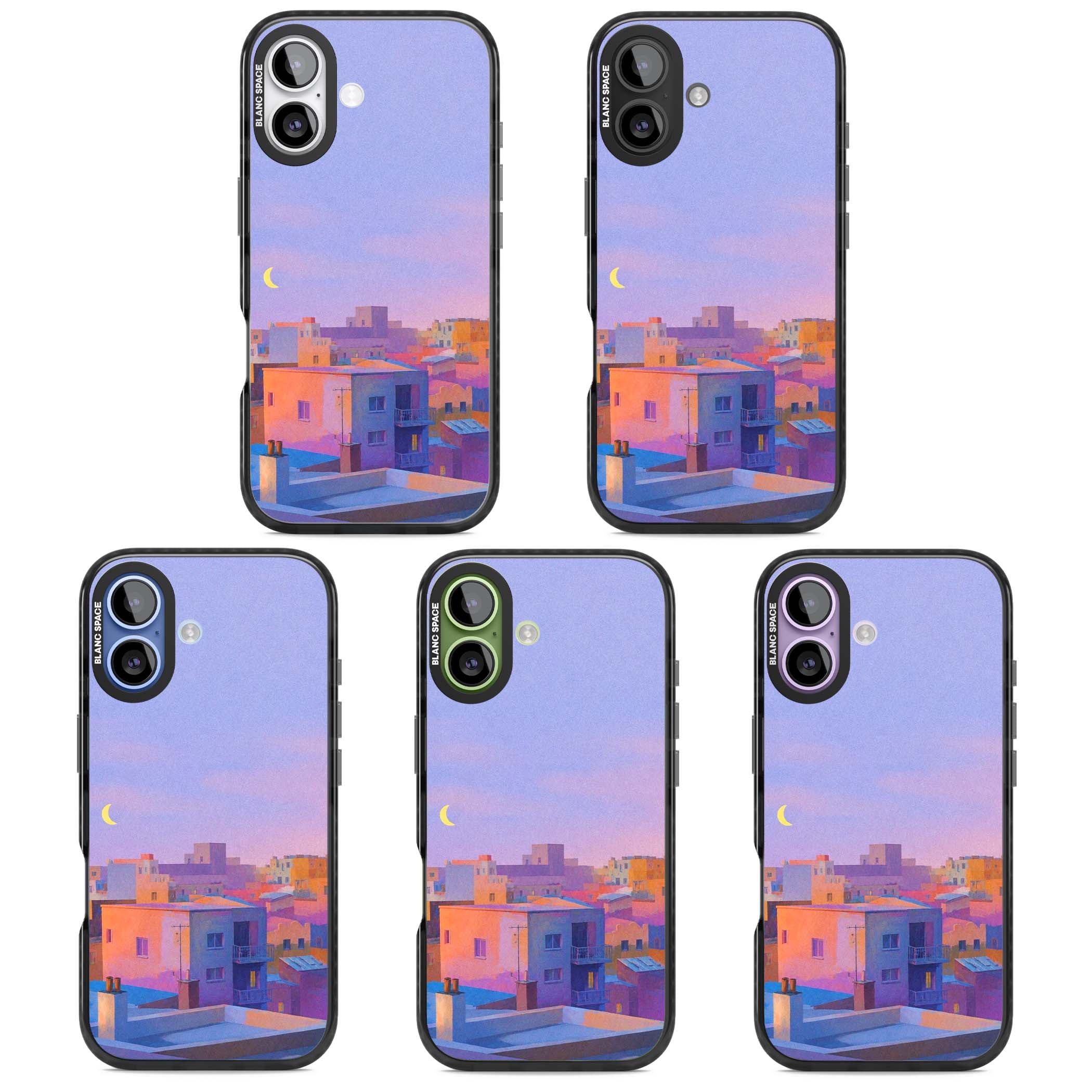 Twilight Rooftops vaporwave iPhone case featuring a pastel sunset cityscape, painted rooftops and a crescent moon. | Black Impact Magsafe case for iPhone 17
