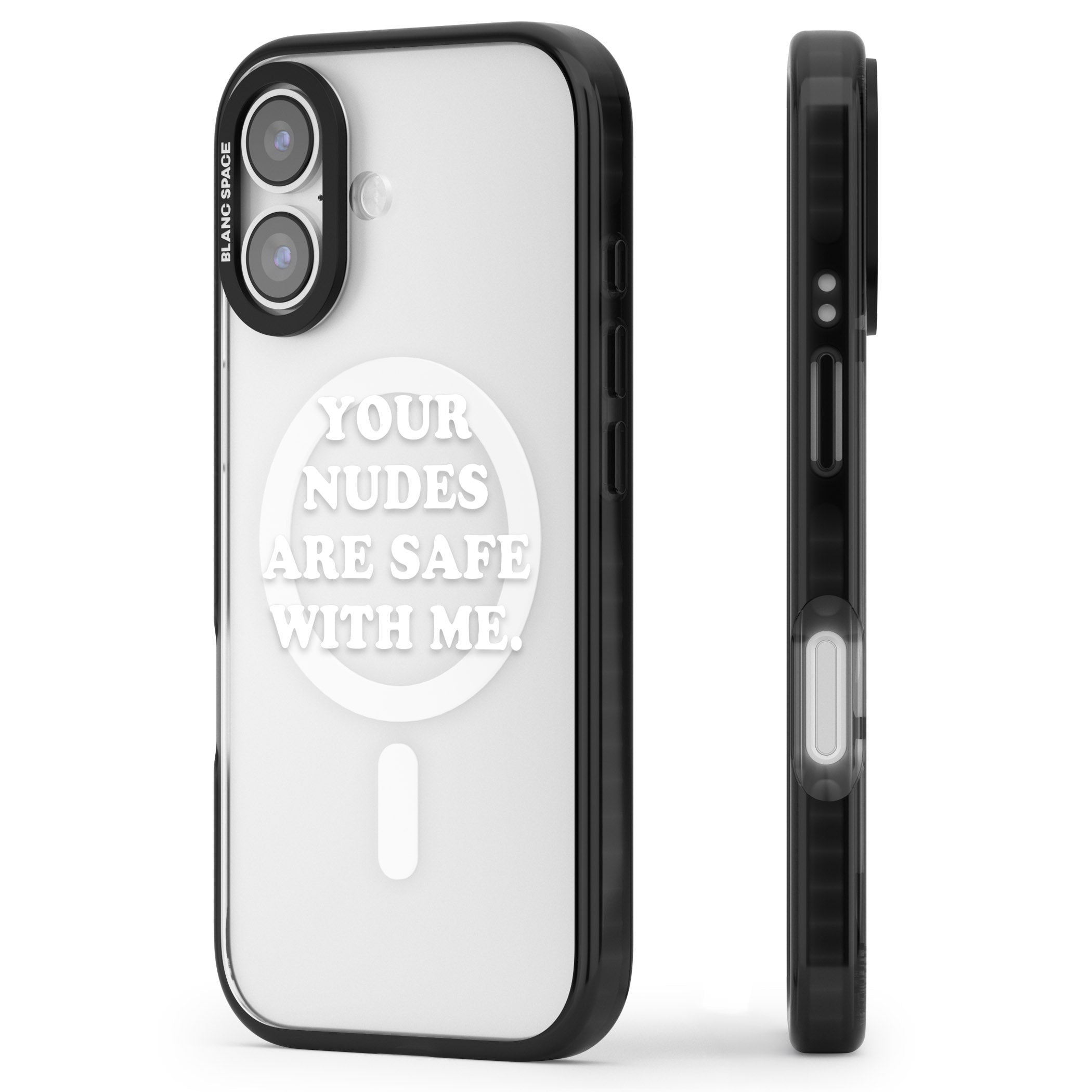 Your Nudes Are Safe White iPhone 17 Impact Pro Black Phone Case Side Profile