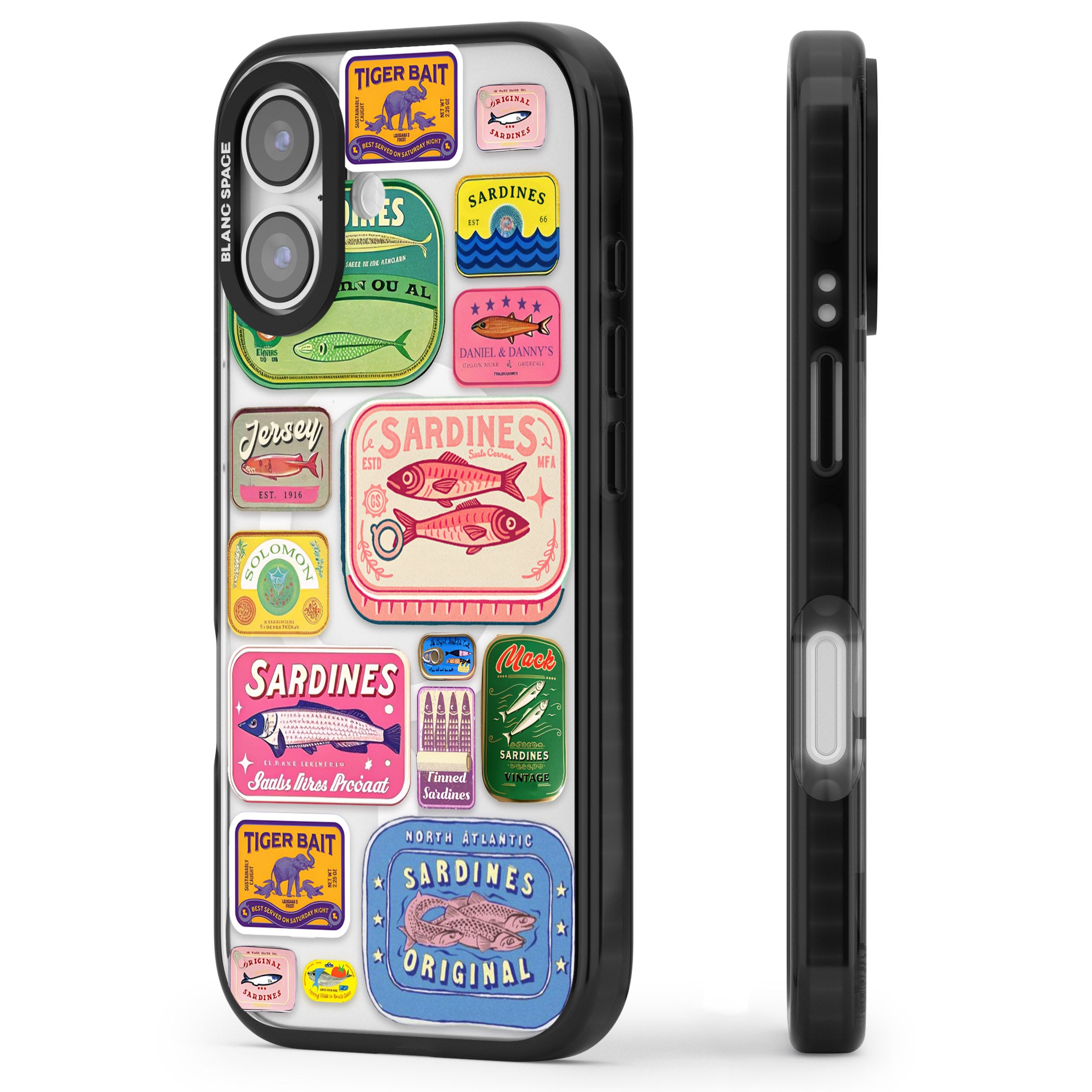 Vintage Sardine Tins iPhone 17 Impact Pro Black Phone Case Side Profile