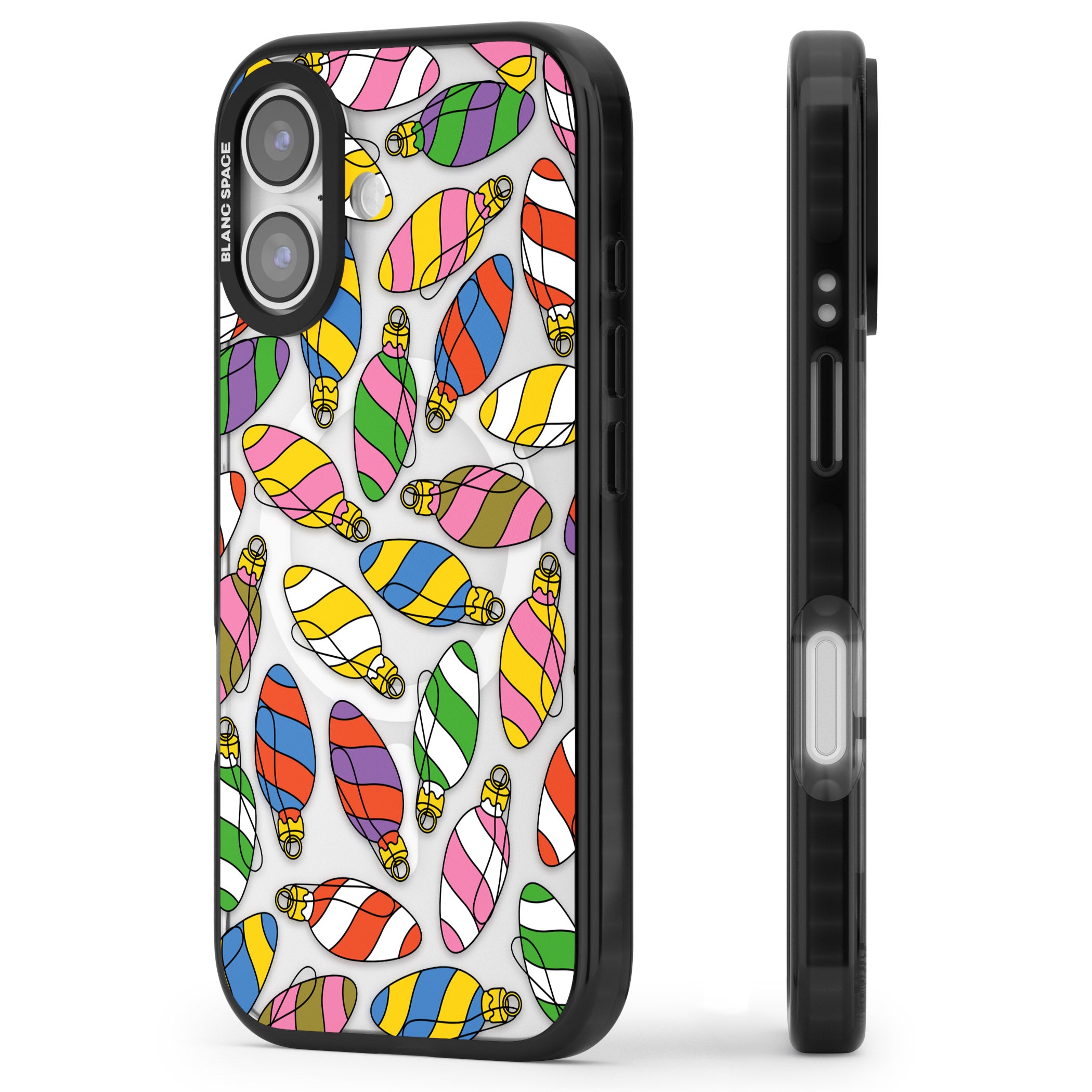 Colourful Holiday Ornaments iPhone 17 Impact Pro Black Phone Case Side Profile