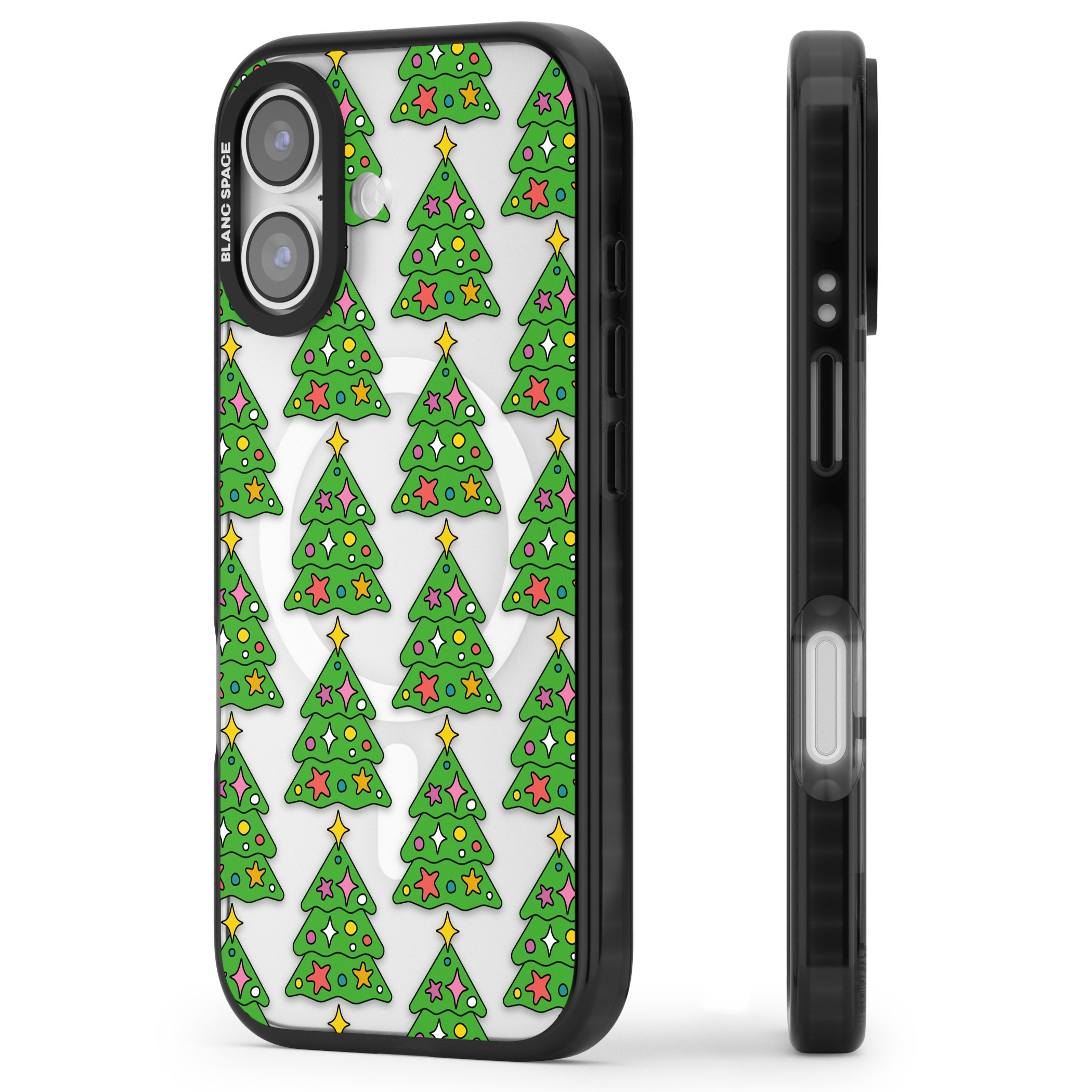 Christmas Tree Pattern (Clear) iPhone 17 Impact Pro Black Phone Case Side Profile