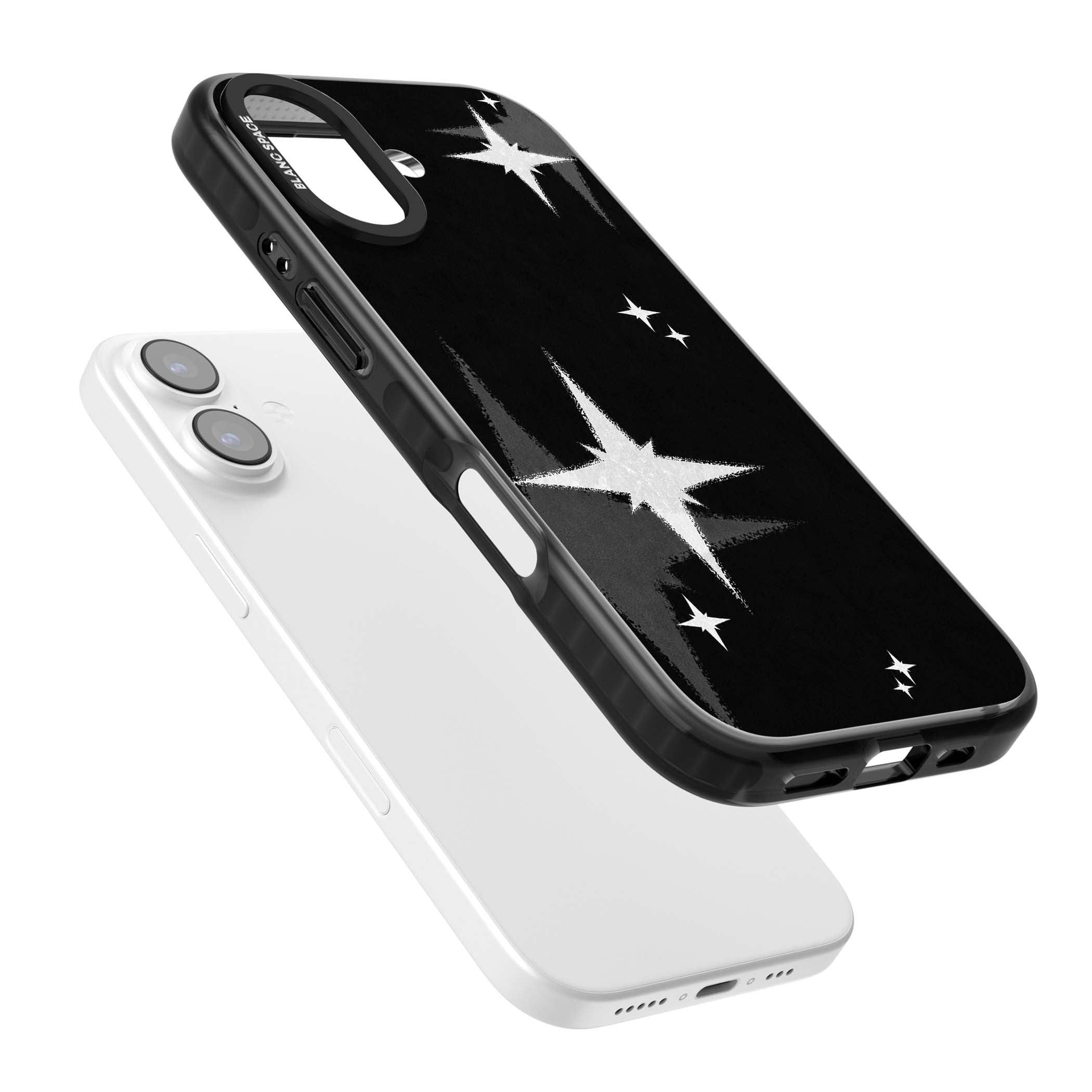 Black Sparkle celestial iPhone case featuring white sparkle stars on a black night sky background | Black Impact Magsafe case for iPhone 17