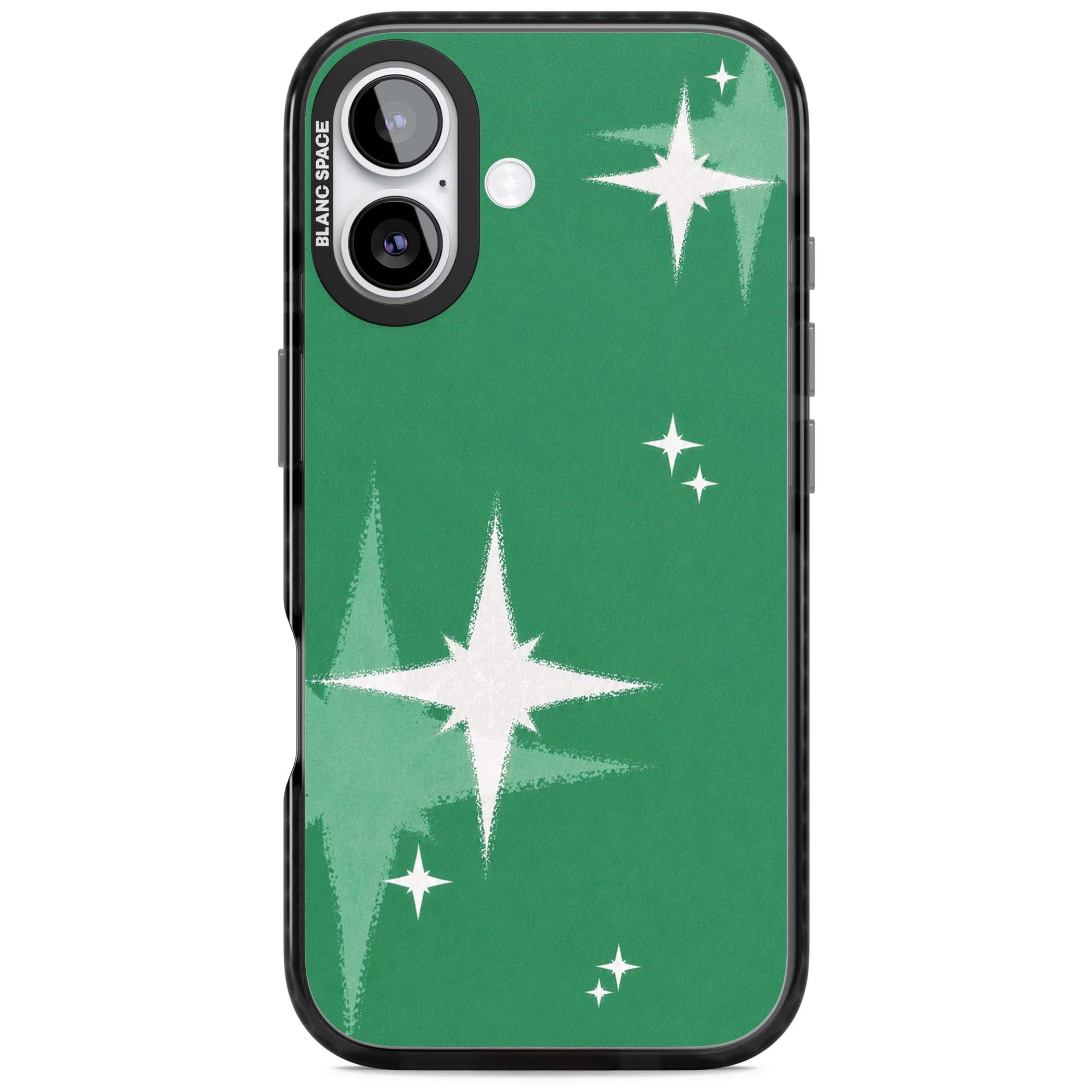 Green Sparkle celestial iPhone case featuring sparkling white four-point stars on a deep green background | Black Impact Magsafe case for iPhone 17