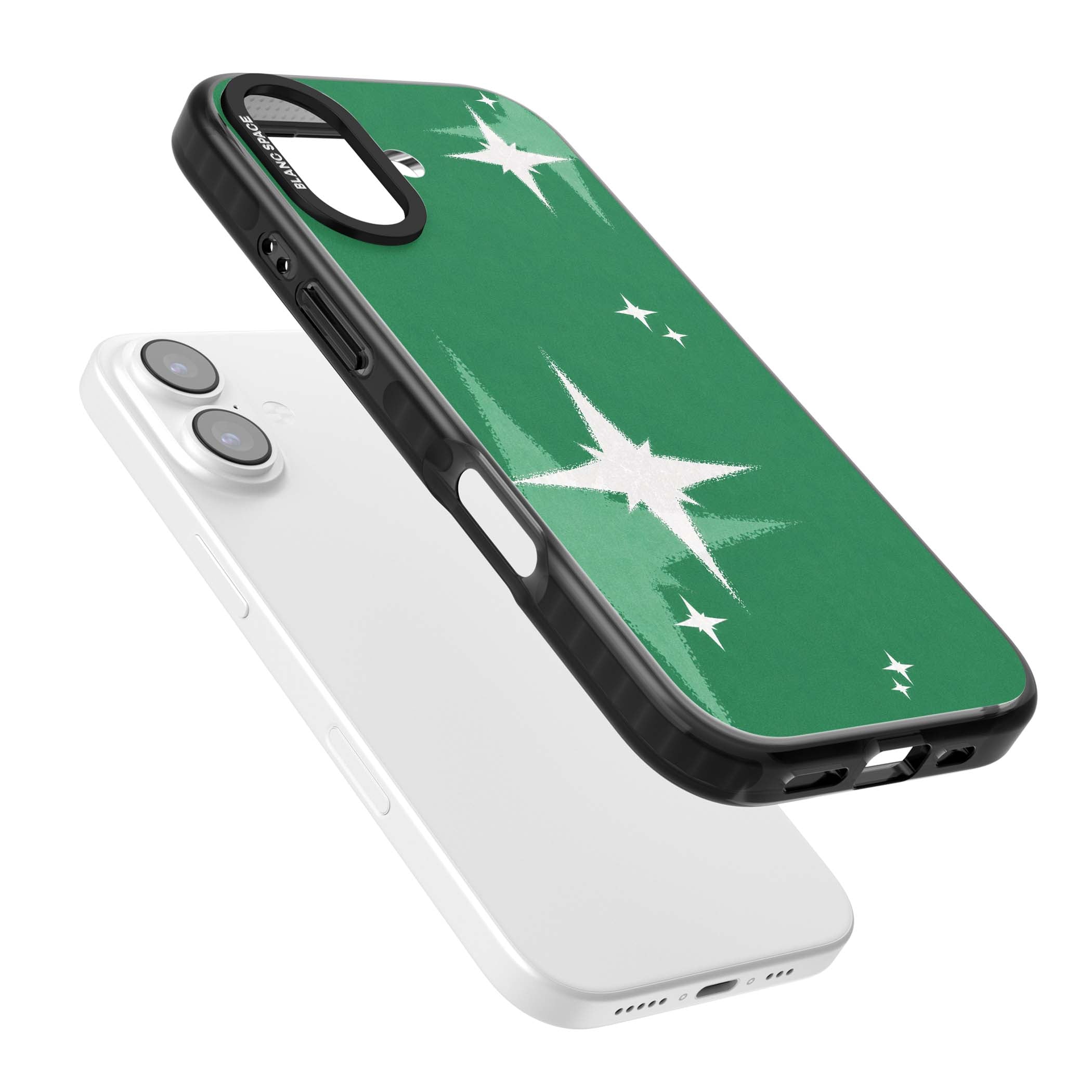 Green Sparkle celestial iPhone case featuring sparkling white four-point stars on a deep green background | Black Impact Magsafe case for iPhone 17