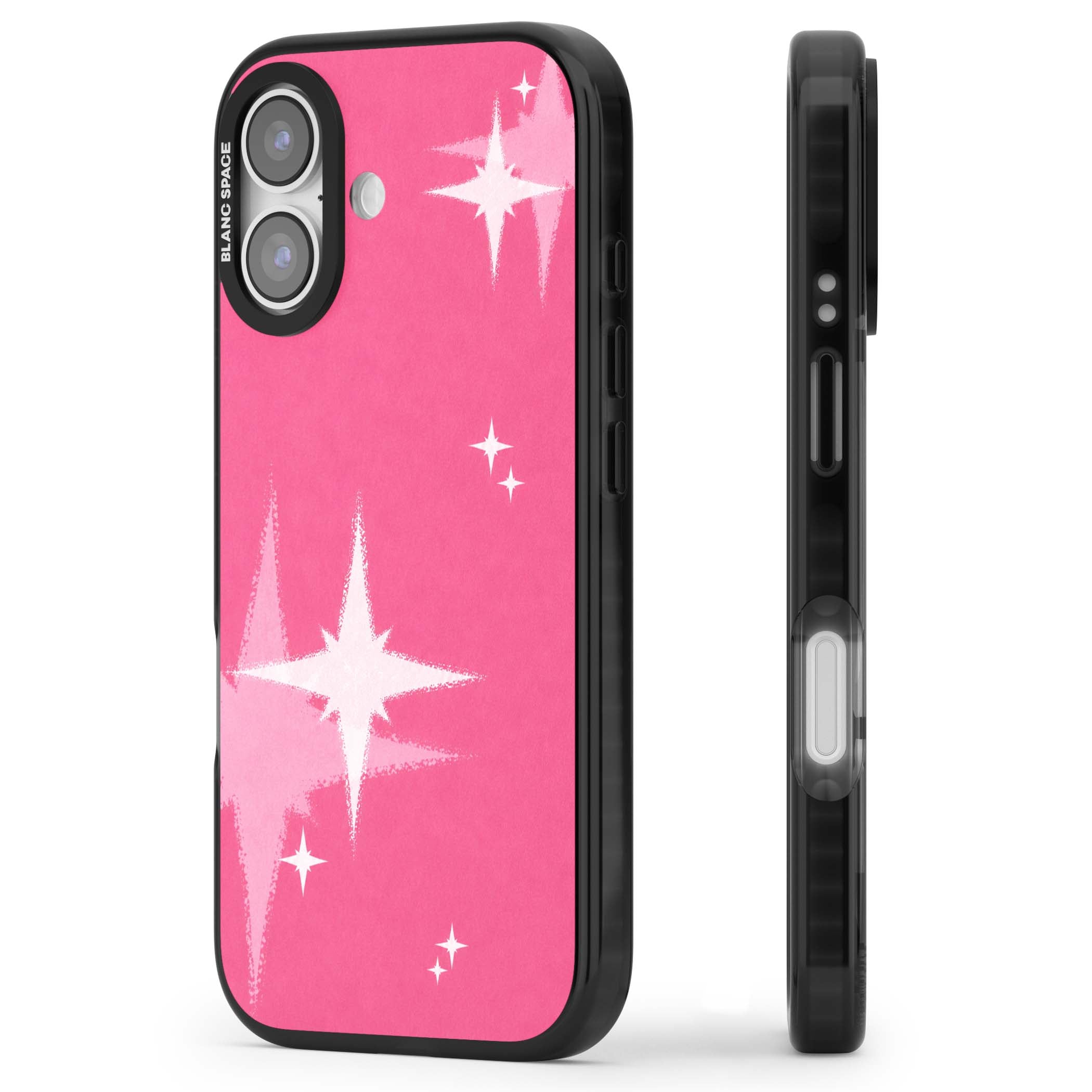 Pink Sparkle Y2K iPhone case featuring hot pink background with shimmering white starburst pattern | Black Impact Magsafe case for iPhone 17